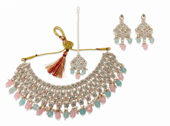 Traditional Indian Afghan 4-Piece Bridal Jewelry Set – Gold Tone Choker Necklace, Earrings, Maang Tikka & Headpiece with Pastel Pink & Mint Stones | Ethnic Wedding Jewelry 020