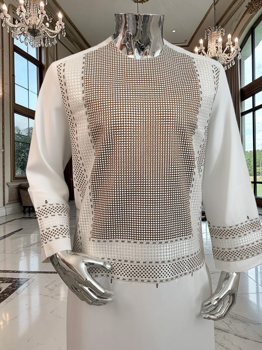 Medium Off White Machine Embroidery Yakhan Parahan Tunban – Premium Afghan Traditional Outfit