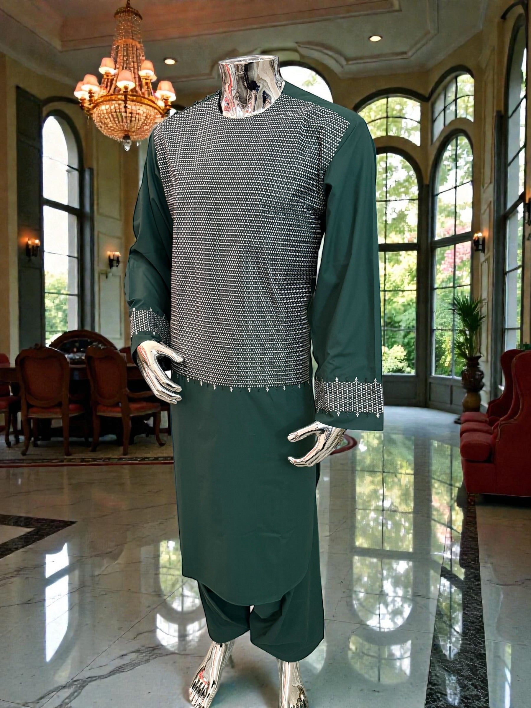XL Emerald Green Afghan Parahan Tumban | Traditional Cotton-Blend Men’s Outfit | Luqmaan Boutique