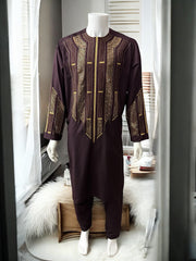 Afghan Parahan Tunban for Men Dark Burgundy Gold Machine Embroidered Medium