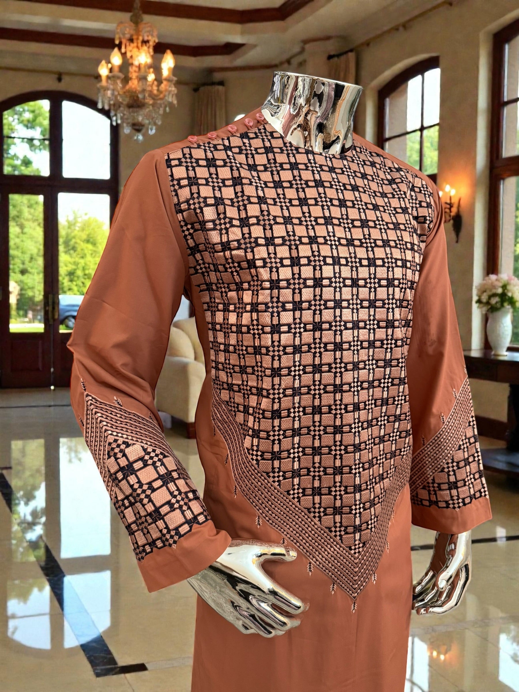 Small Men’s Caramel Brown Parahan Tumban with White & Tan Embroidery | Luxury Afghan Outfit with Matching Shawl