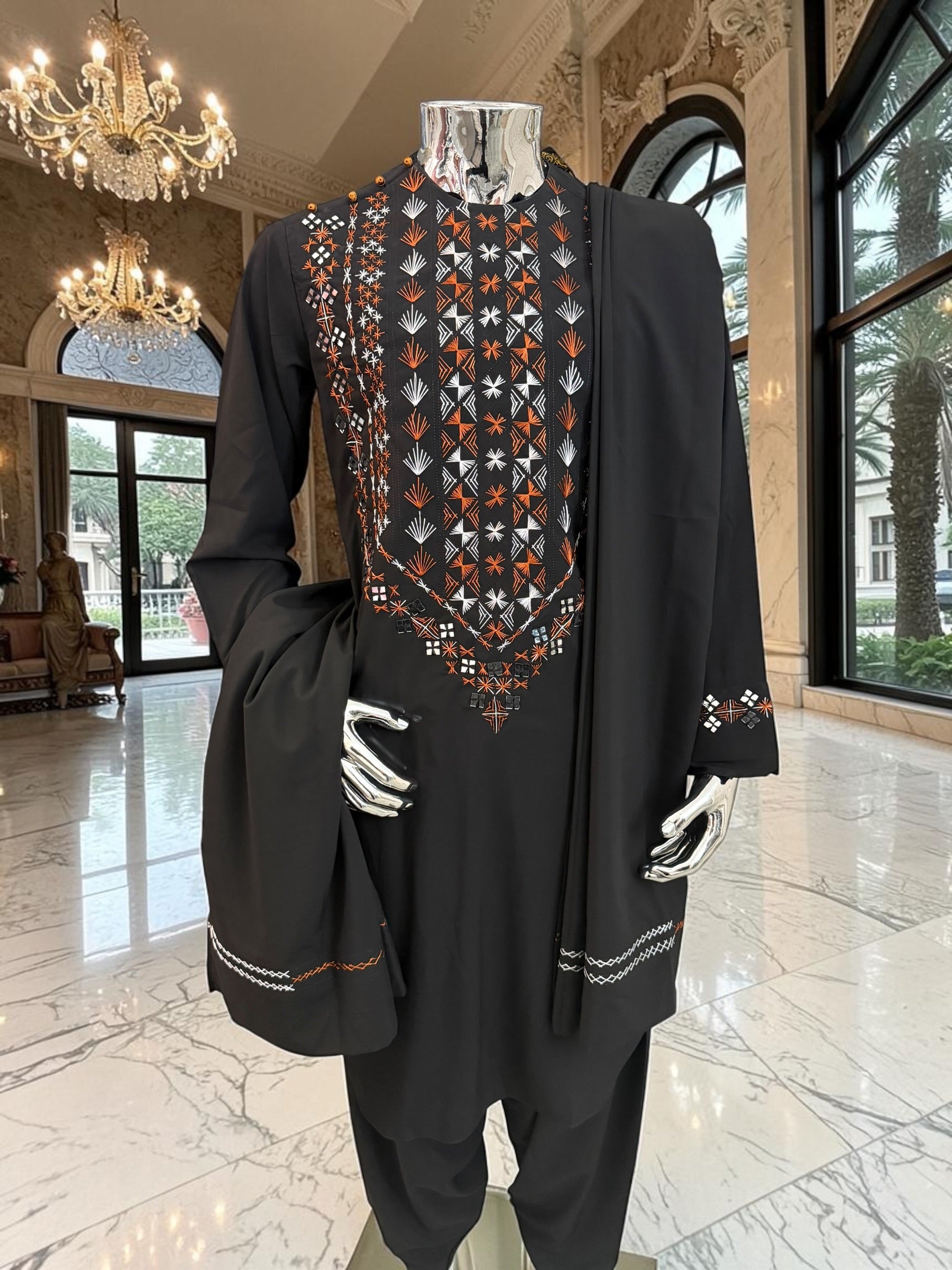 Large Black Afghan Parahan Tunban with Mirror Work – Premium Embroidered Men’s Traditional Outfit with Chadder/patto