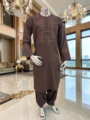Men’s Chocolate Brown Embroidered Afghan Parahan Tunban 3-Piece Set with Shawl | Small–X-Large