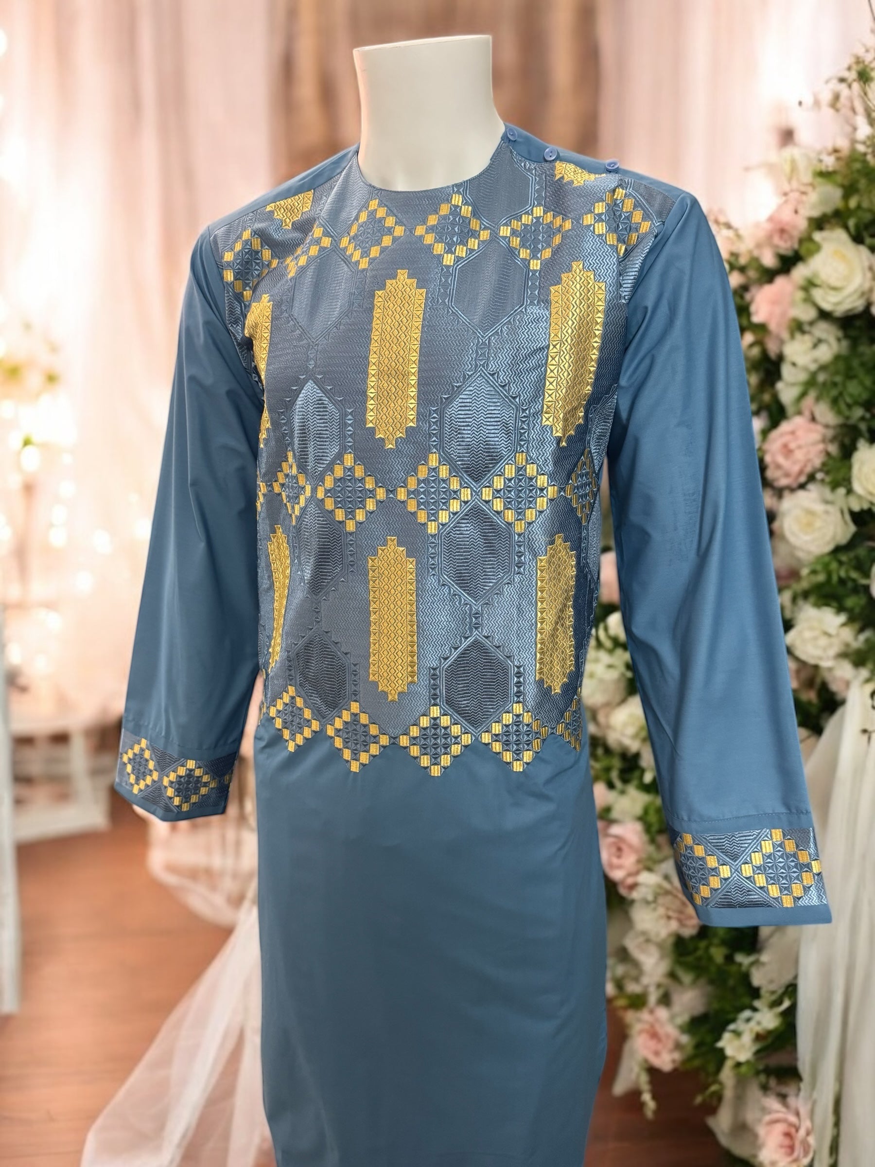 Afghan Parahan Tunban with Machine Khamakdozi Embroidery – Steel Blue Gold – Medium