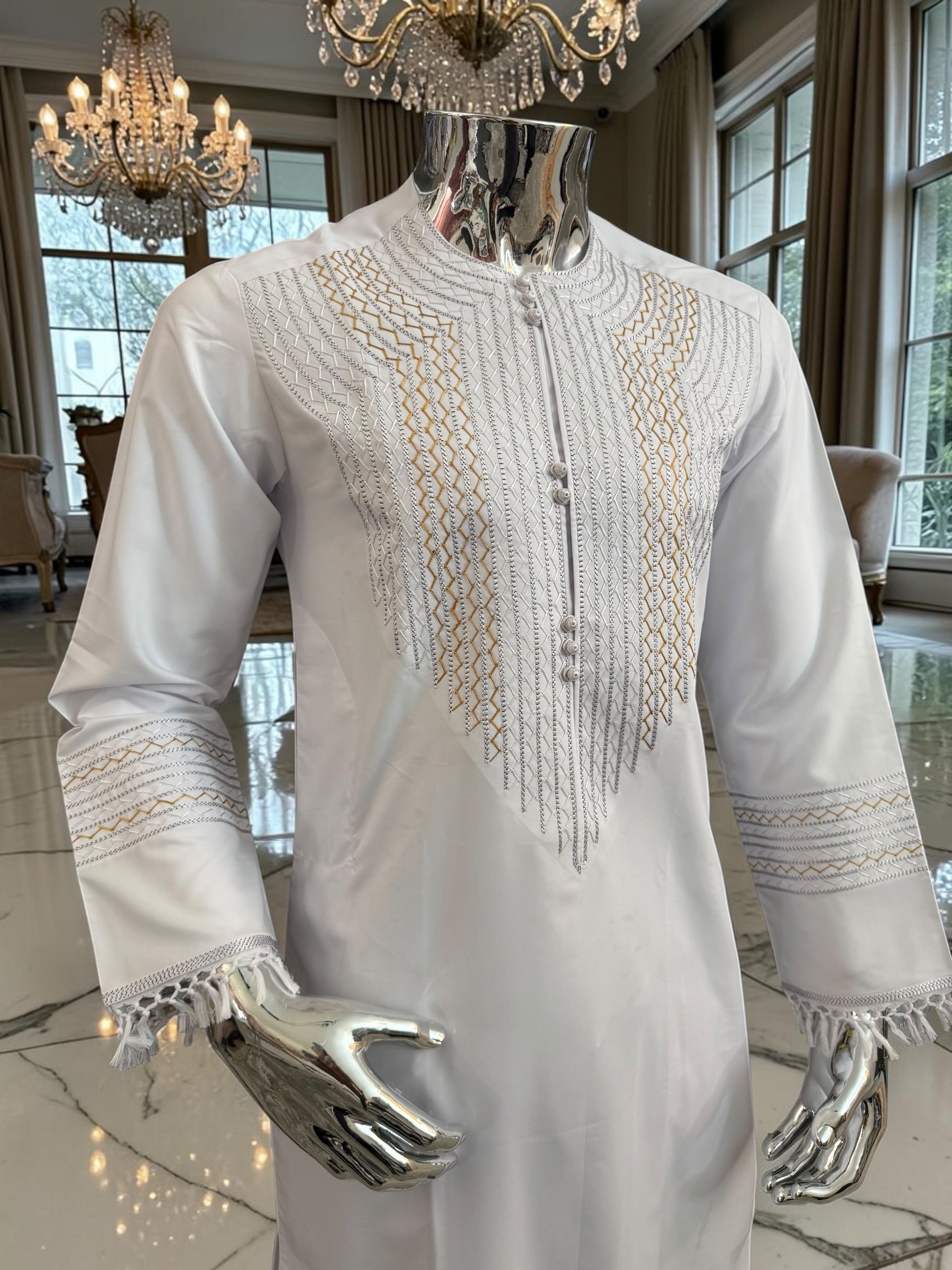 X-Small to Small Men’s White Afghan Parahan Tunban – Handmade Gold Embroidery on Chest & Sleeves