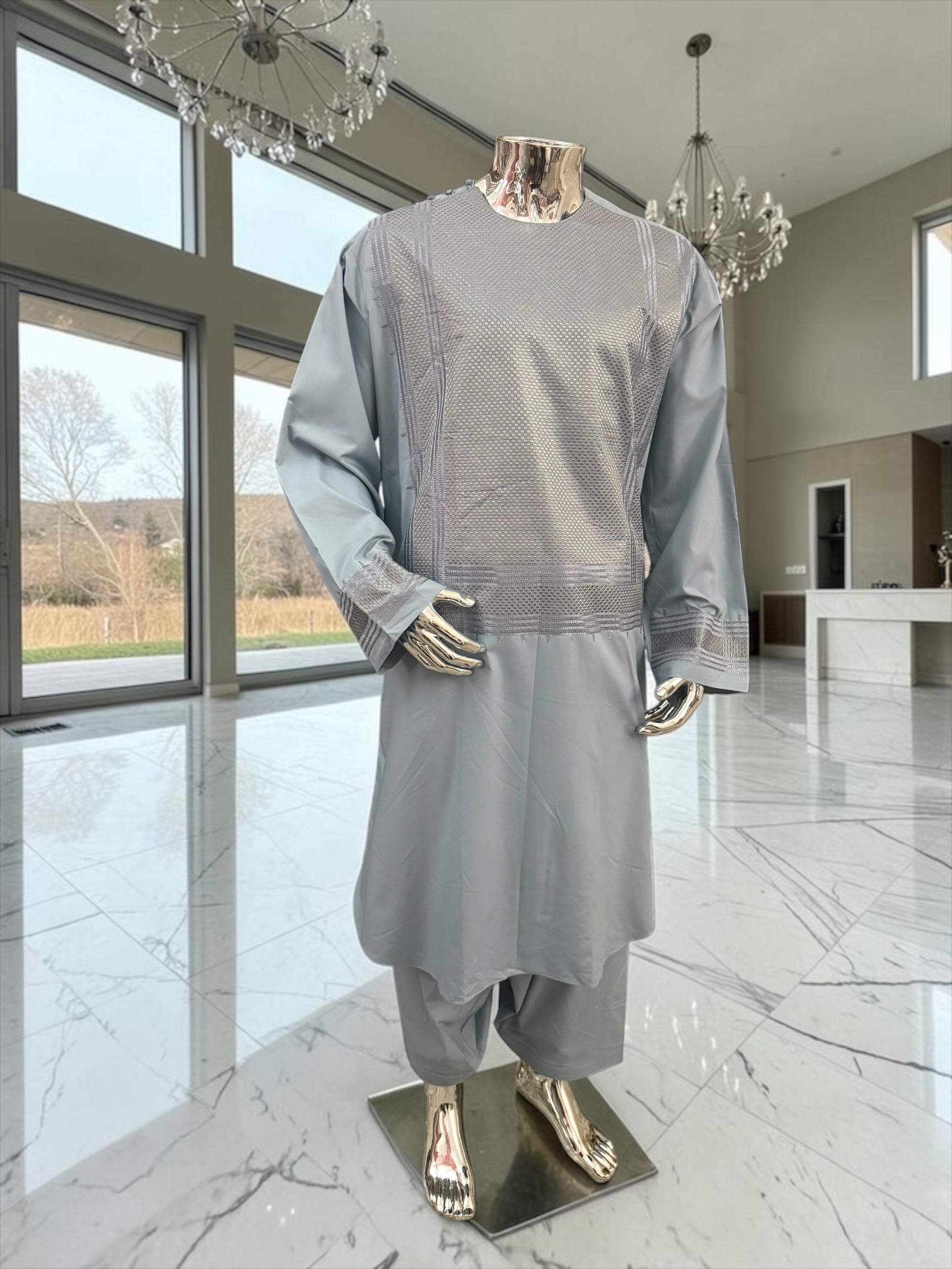 Men’s Blue Gray Embroidered Afghan Parahan Tunban with Matching Shawl – XXL