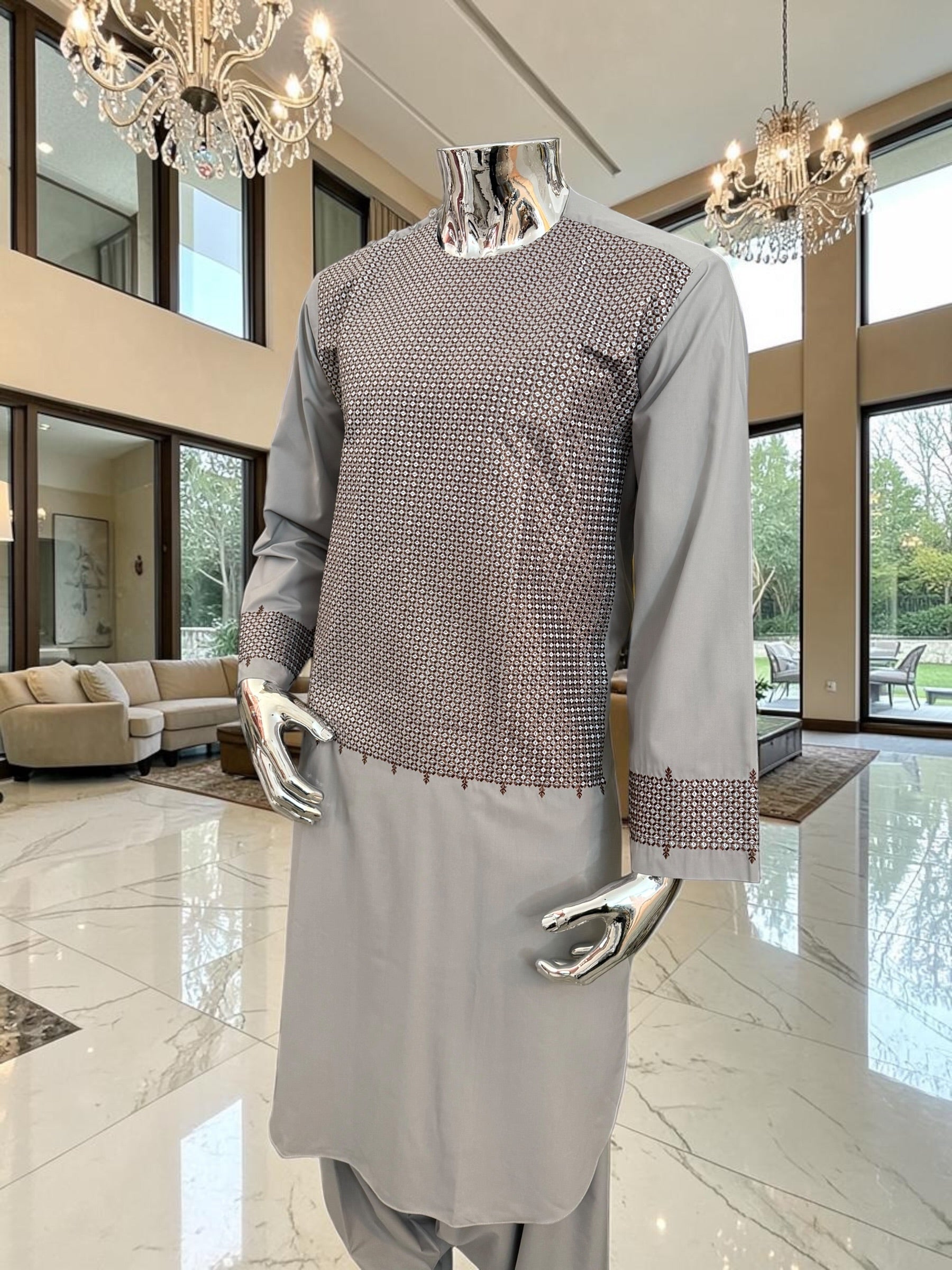 Medium Men’s Light Gray Parahan Tumban with Brown Embroidery – Afghan Traditional Outfit