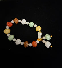 Multicolor Carved Floral Bead Bracelet with Charms for Women