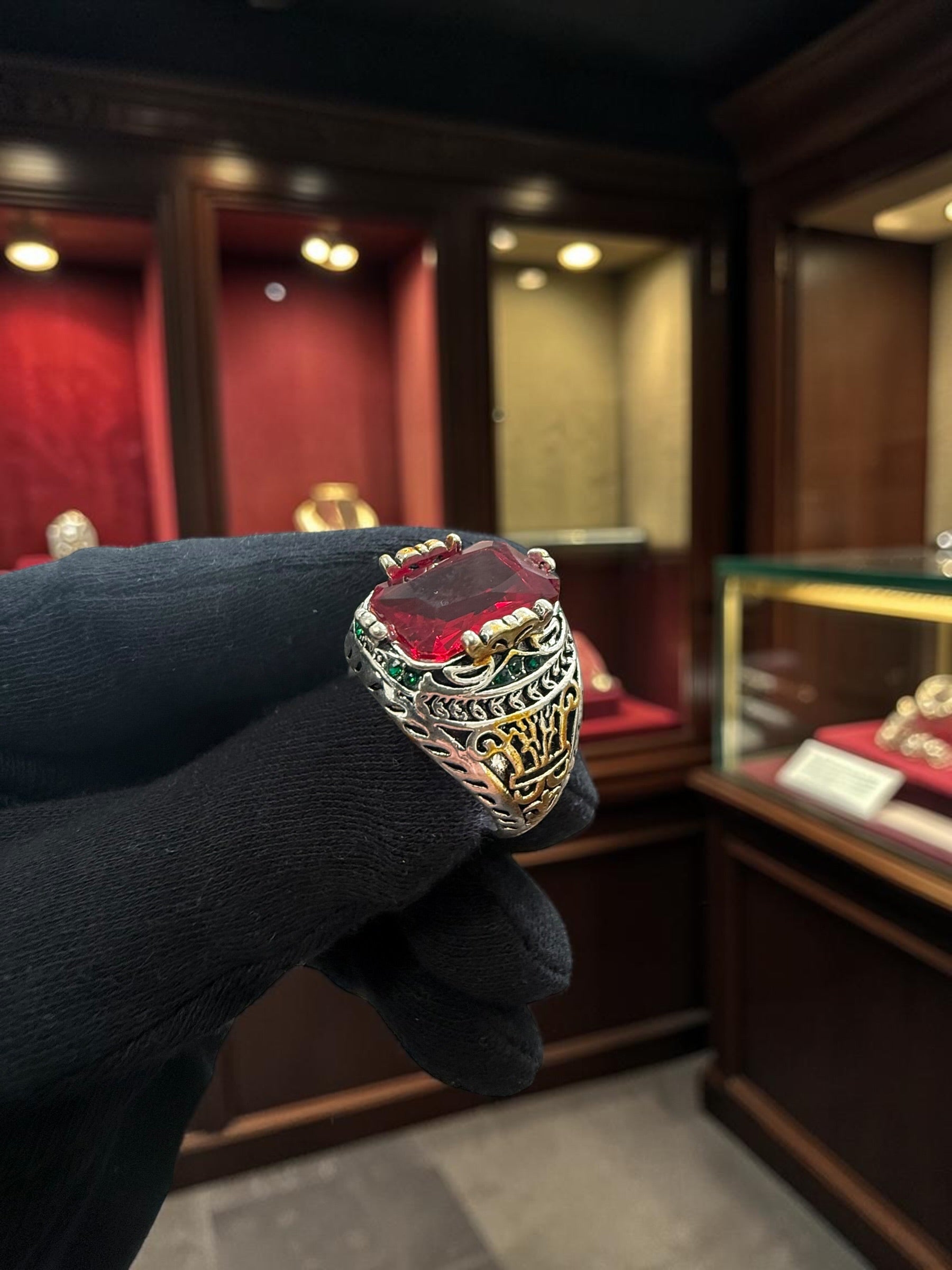 Vintage Turkish Inspired Signet Ring with Cubic Zirconia Stone – Silver Plated Two-Tone Men’s & Unisex Statement Ring – Available in Black, Green, Red, Gold, Navy & Blue