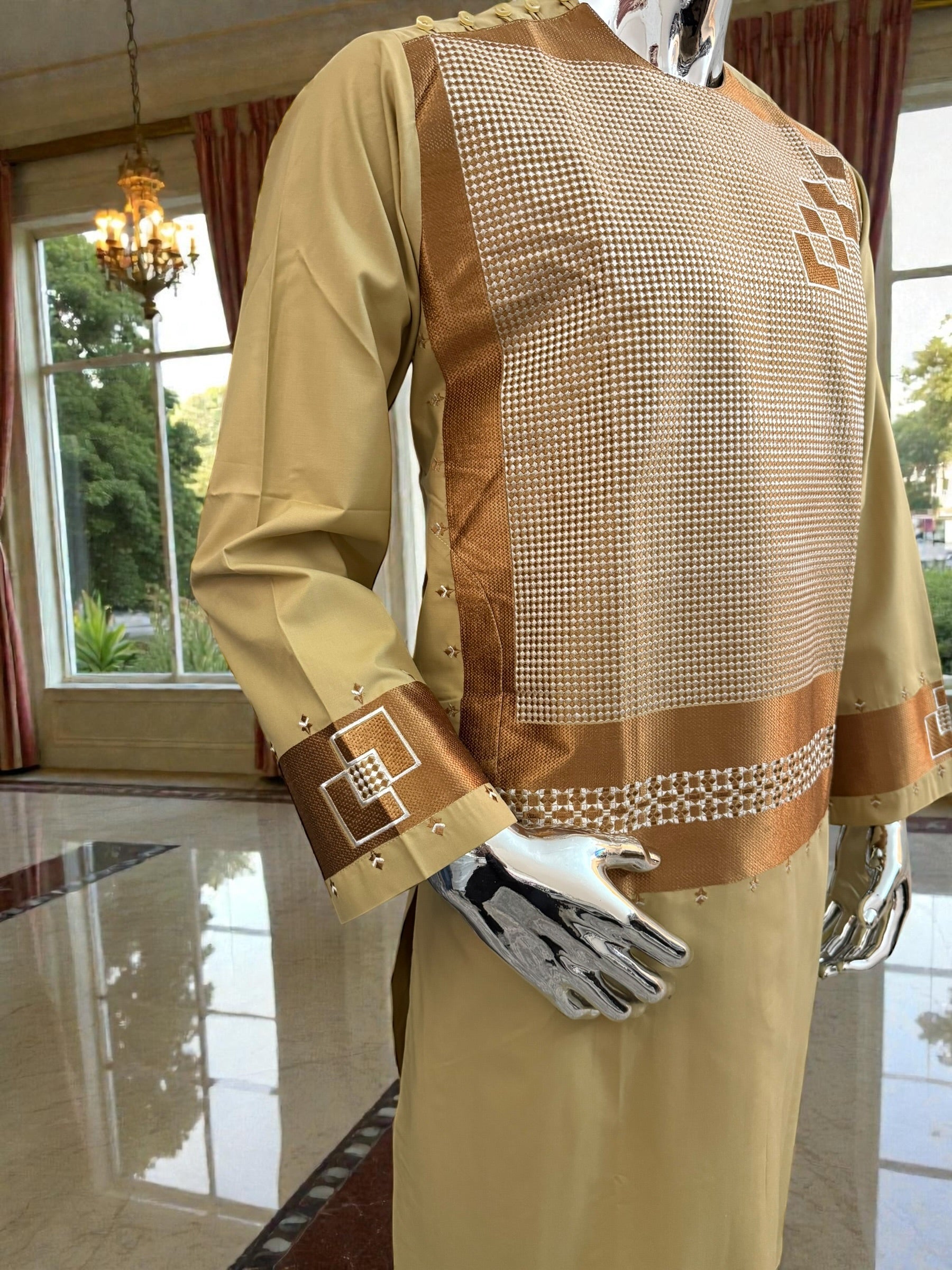 Small Men’s Golden Parahan Tumban with Bronze Geometric Embroidery – Afghan Traditional Outfit