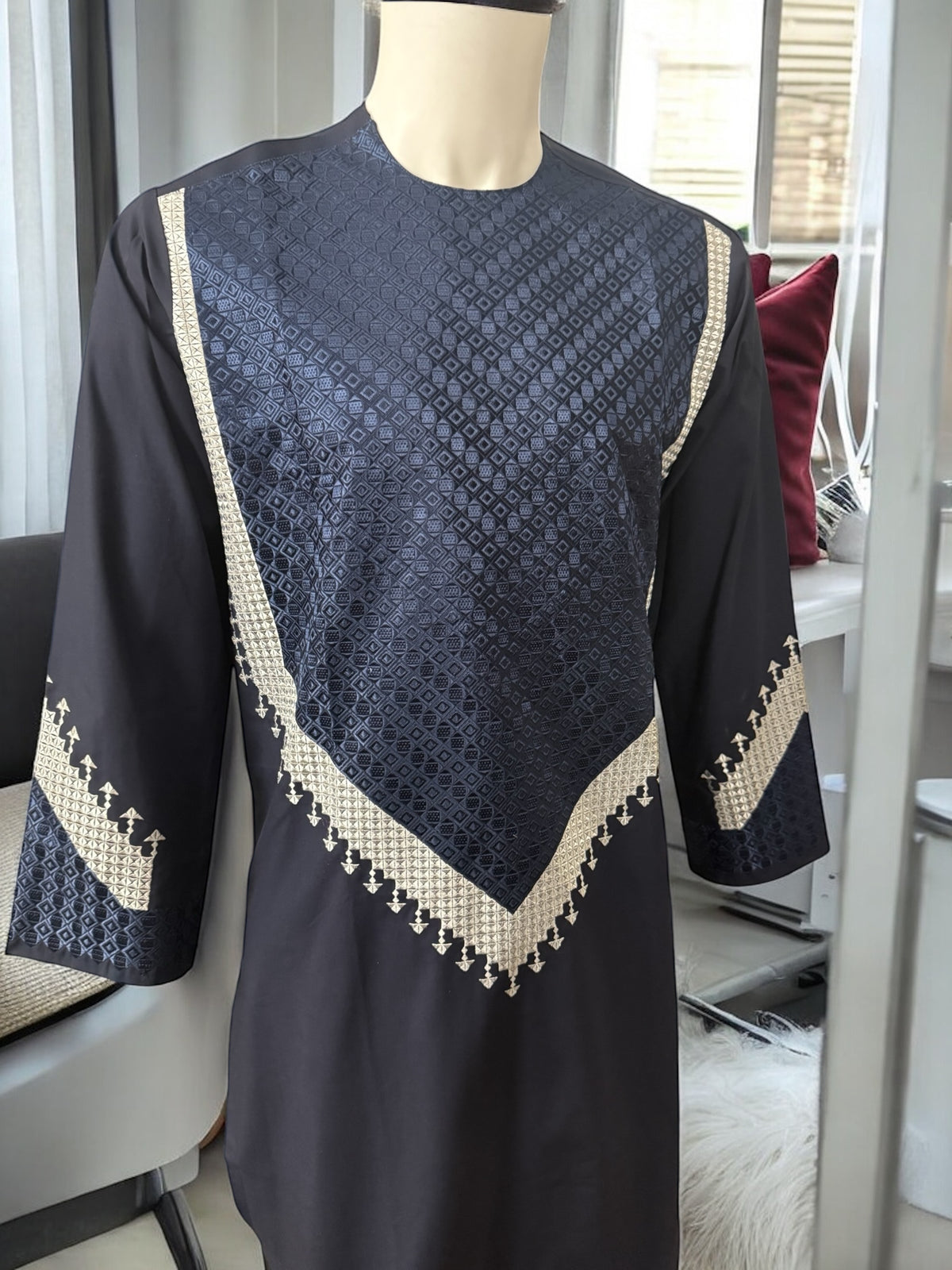 Men’s Navy Blue Parahan Tumban with Beige Embroidery Small