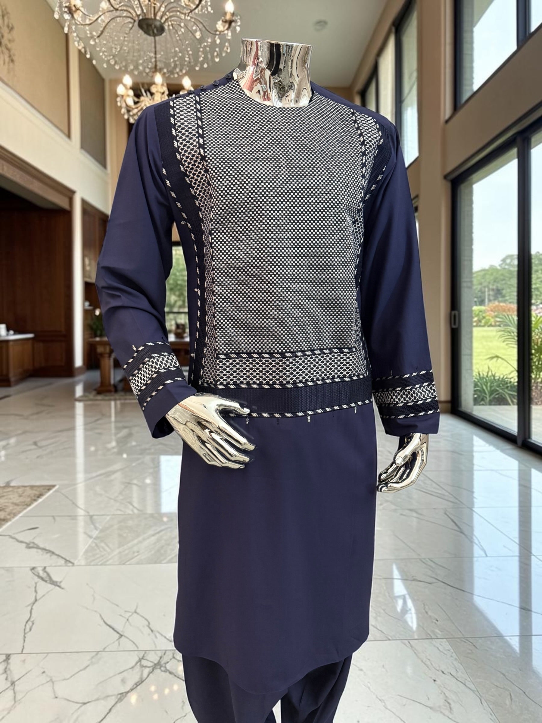 Large Navy Blue Afghan Parahan Tunban Set with Premium Machine Embroidery
