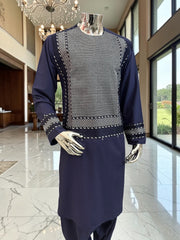 Large Navy Blue Afghan Parahan Tunban Set with Premium Machine Embroidery