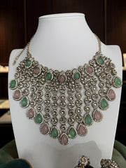 Luxury 6-Piece Mint Green & Blush Pink Indian Bridal Jewelry Set – Kundan Necklace, Earrings, Sheeshphool, Nath & 2 Adjustable Rings | 2 Gift Boxes 6065