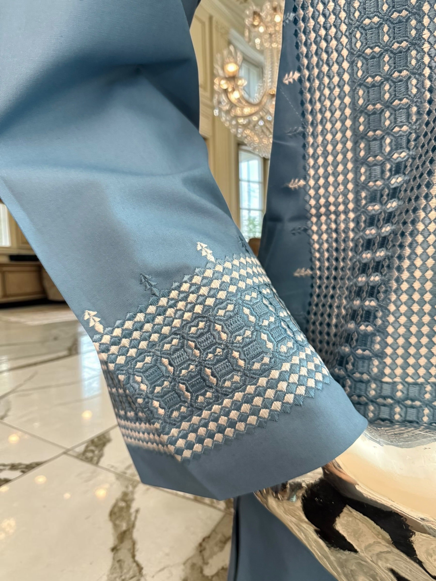 Medium Steel Blue Embroidered Men’s Parahan Tunban Yakhandozi – Premium Traditional Suit