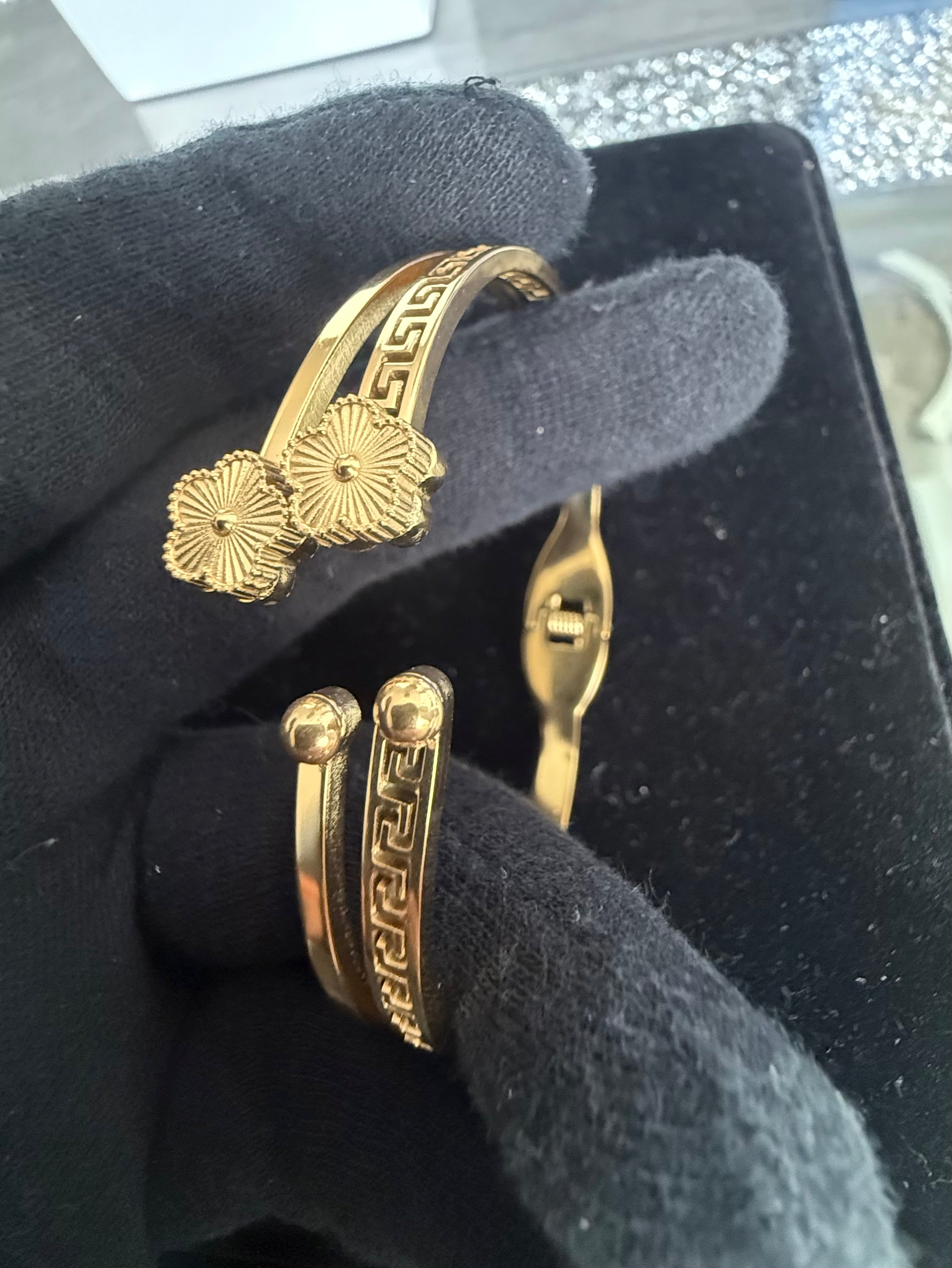 Greek Key Floral Open Cuff Bangle Bracelet – Gold or Silver Tone