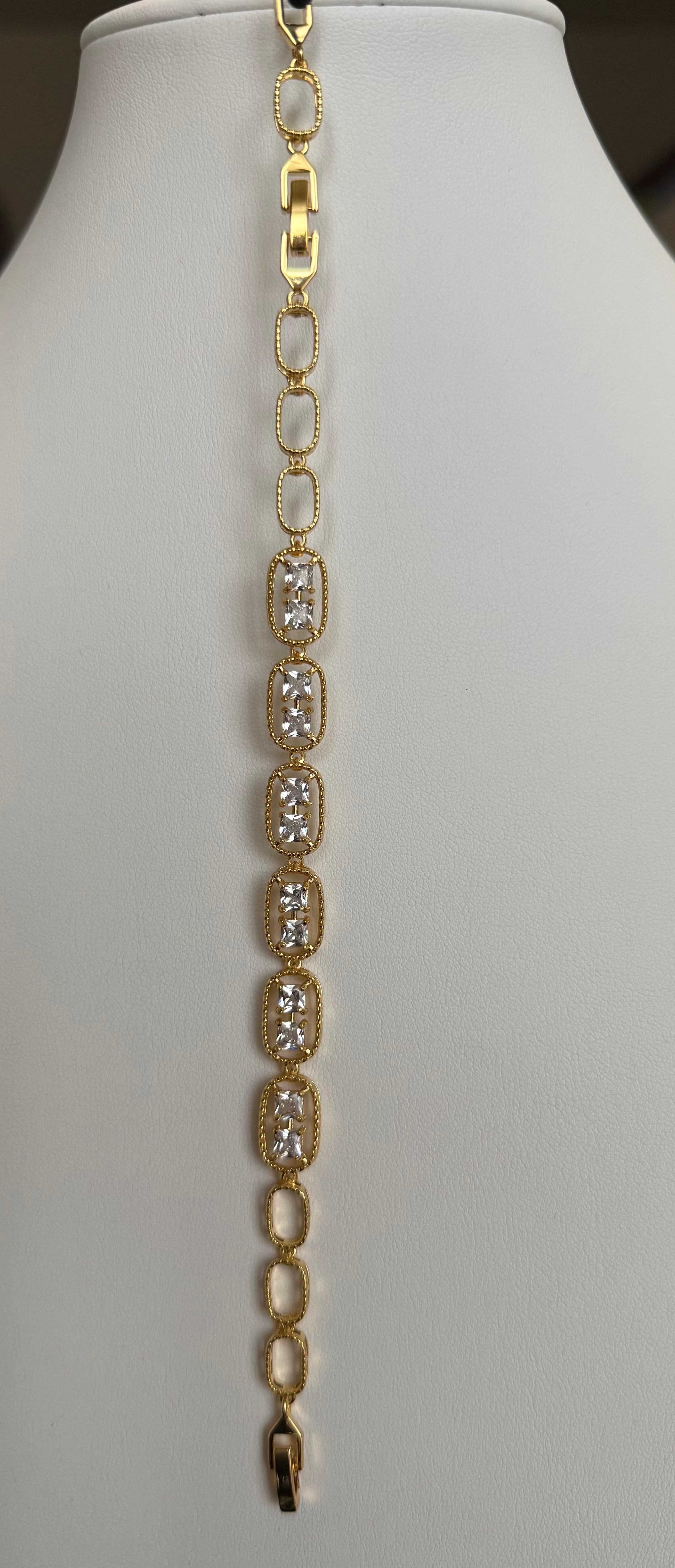 Gold Tone Clear Crystal Link Bracelet – Geometric Double Stone Statement Bracelet, Gift Ready 7077