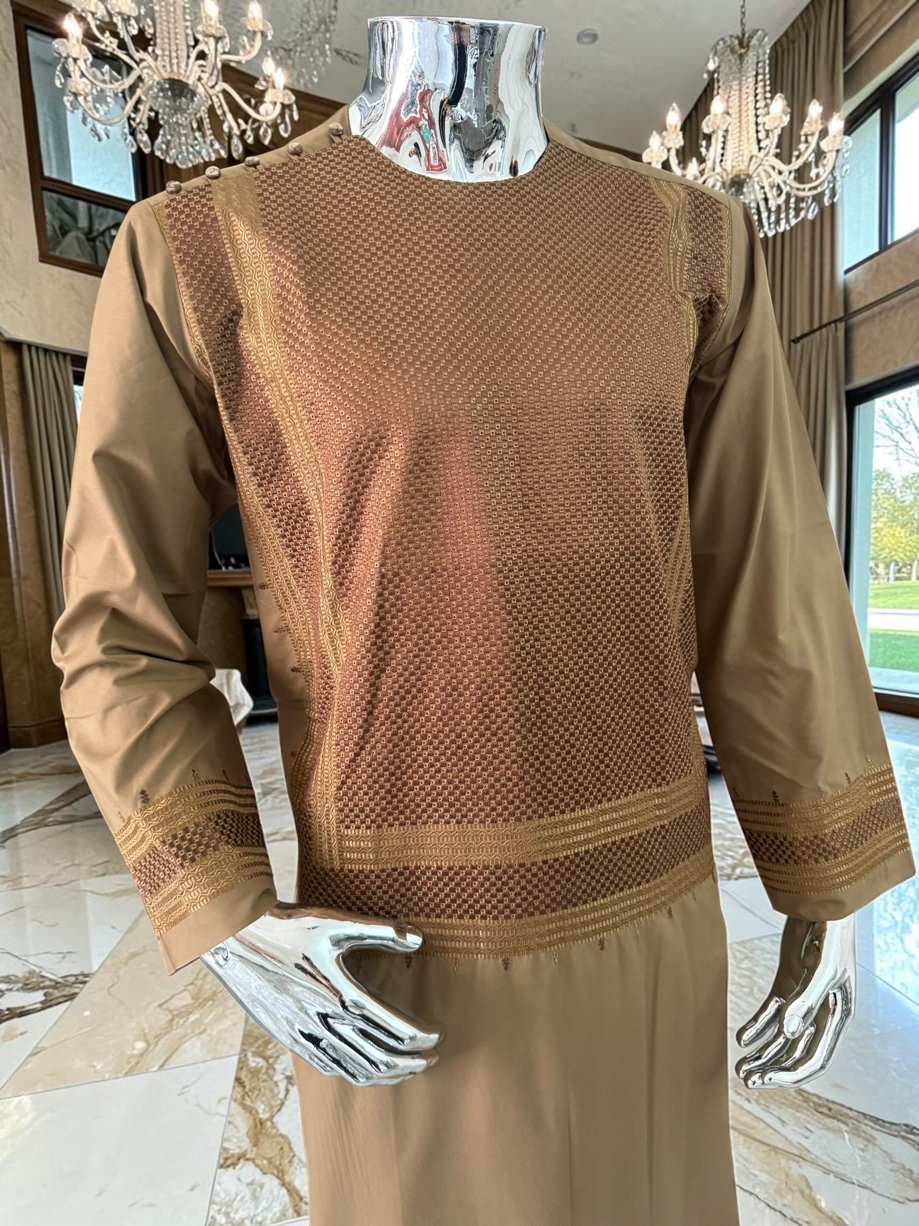 Small Premium Brown Machine Embroidered Parahan Tunban Set with Matching Chadder
