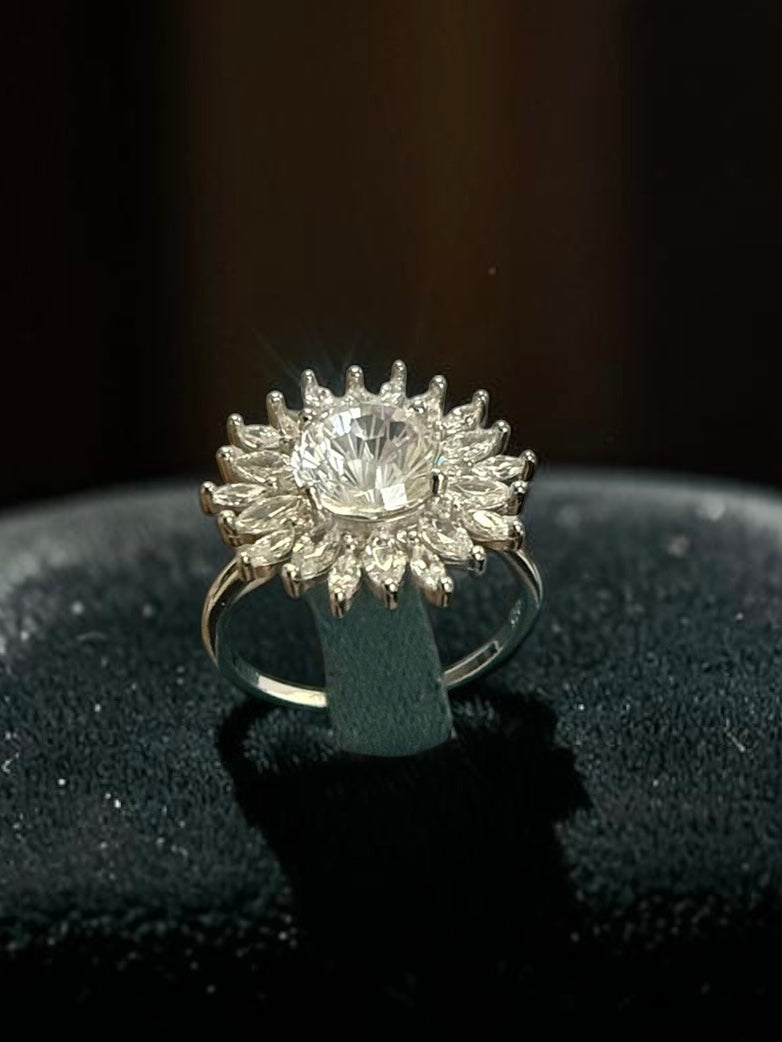 S925 Sterling Silver Sunburst Halo Moissanite Ring – Size 9 | Floral Statement Engagement Ring | Gift for Her 045