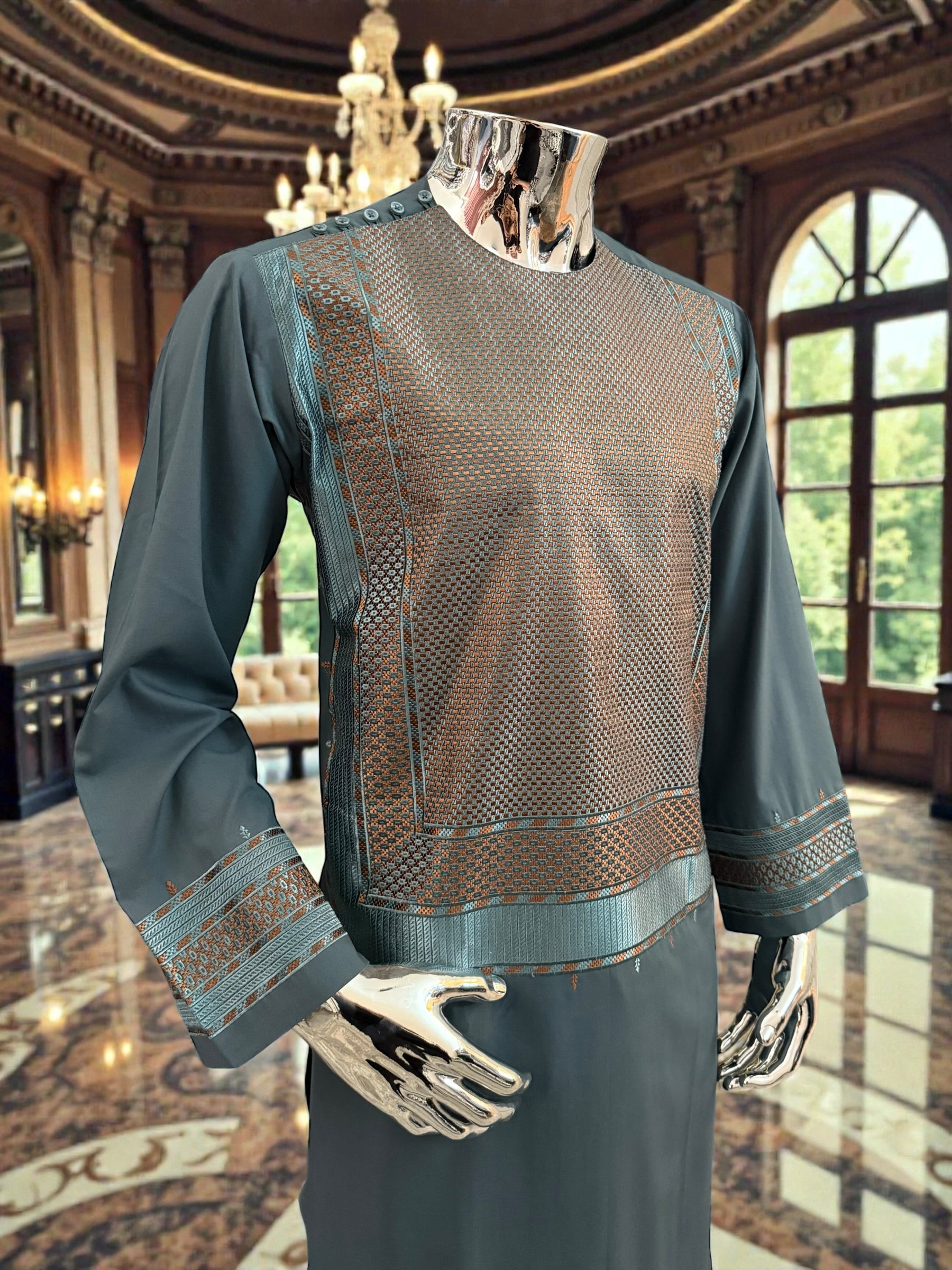 Medium Men’s Afghan Parahan Tunban – Premium Teal Blue Embroidery
