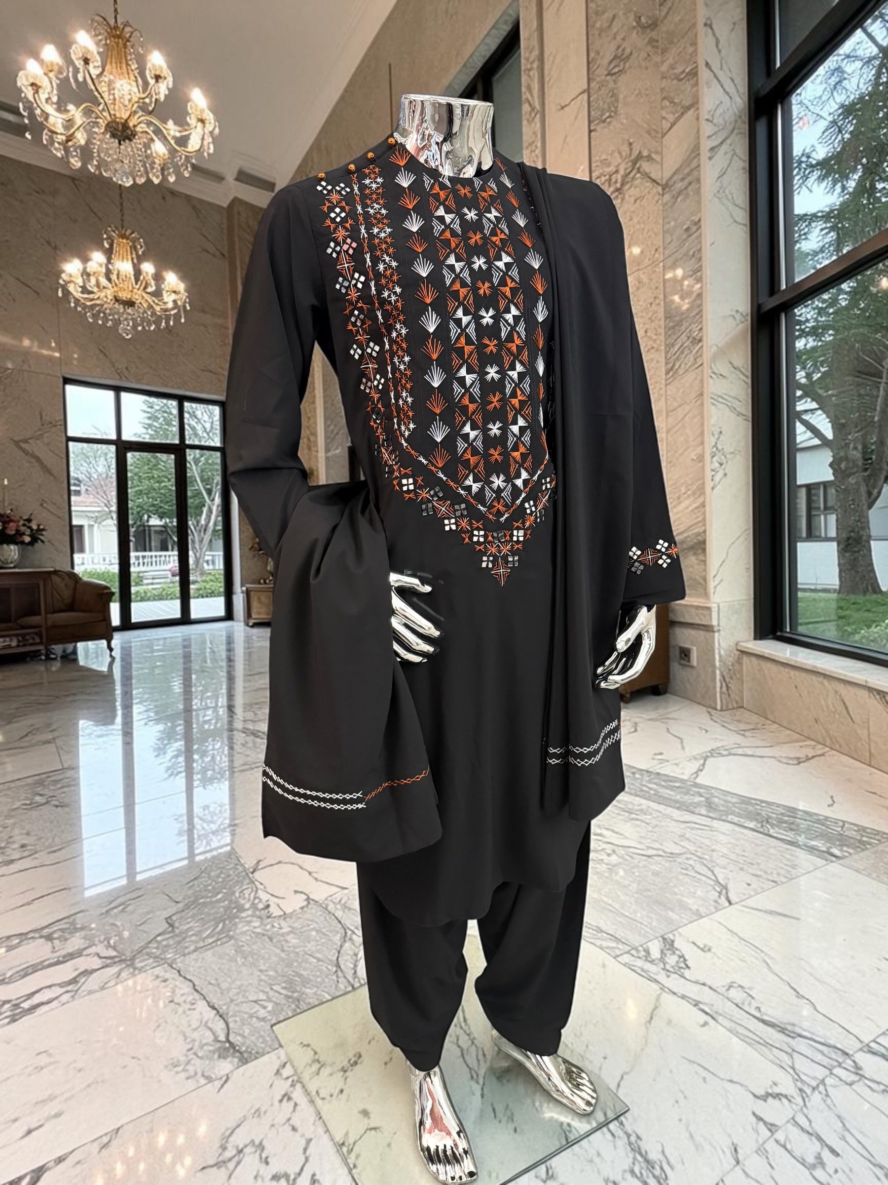 Large Black Afghan Parahan Tunban with Mirror Work – Premium Embroidered Men’s Traditional Outfit with Chadder/patto