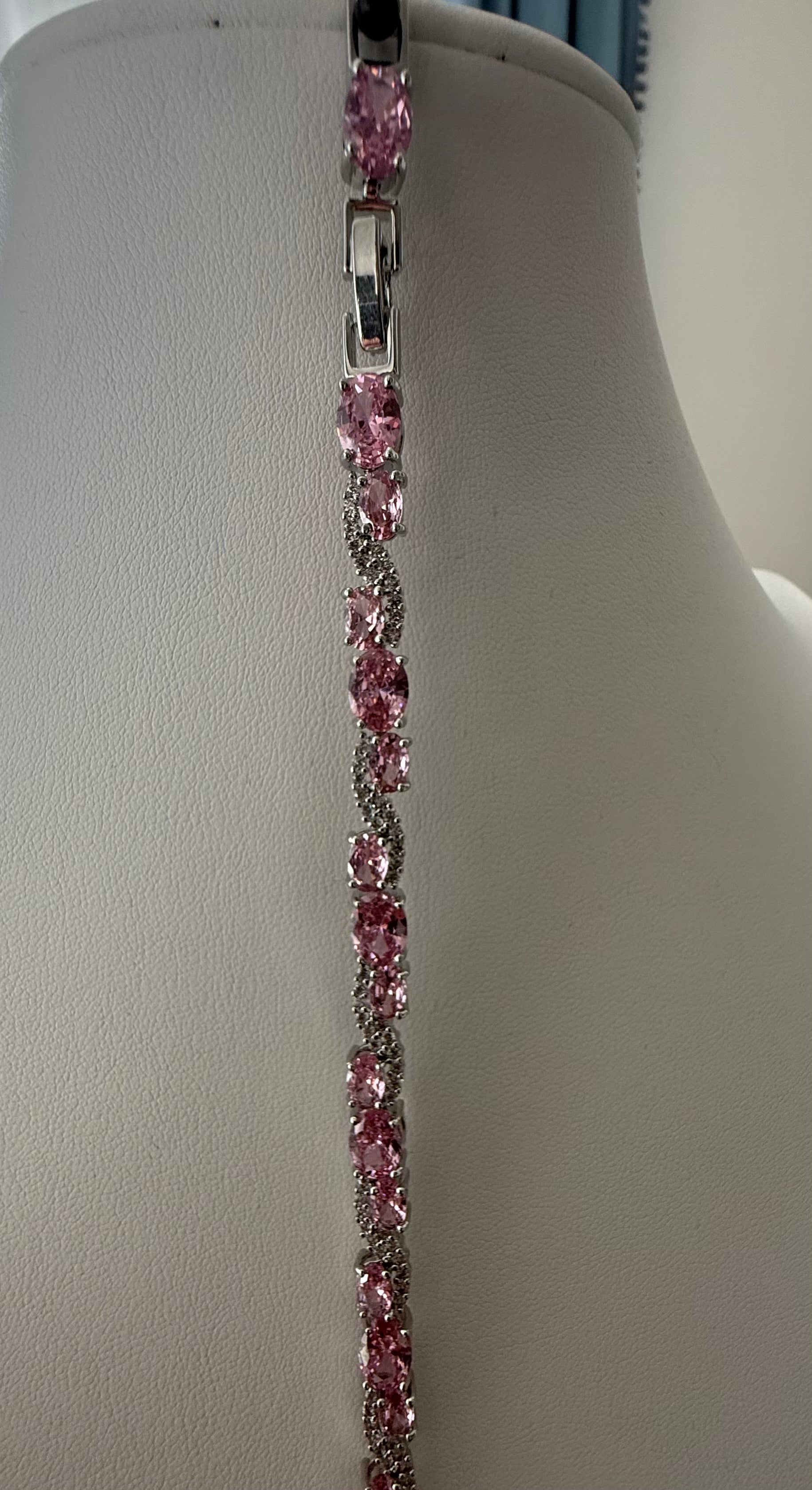 Pink Oval Crystal Swirl Bracelet – Silver Tone Sparkling Statement Jewelry 7085
