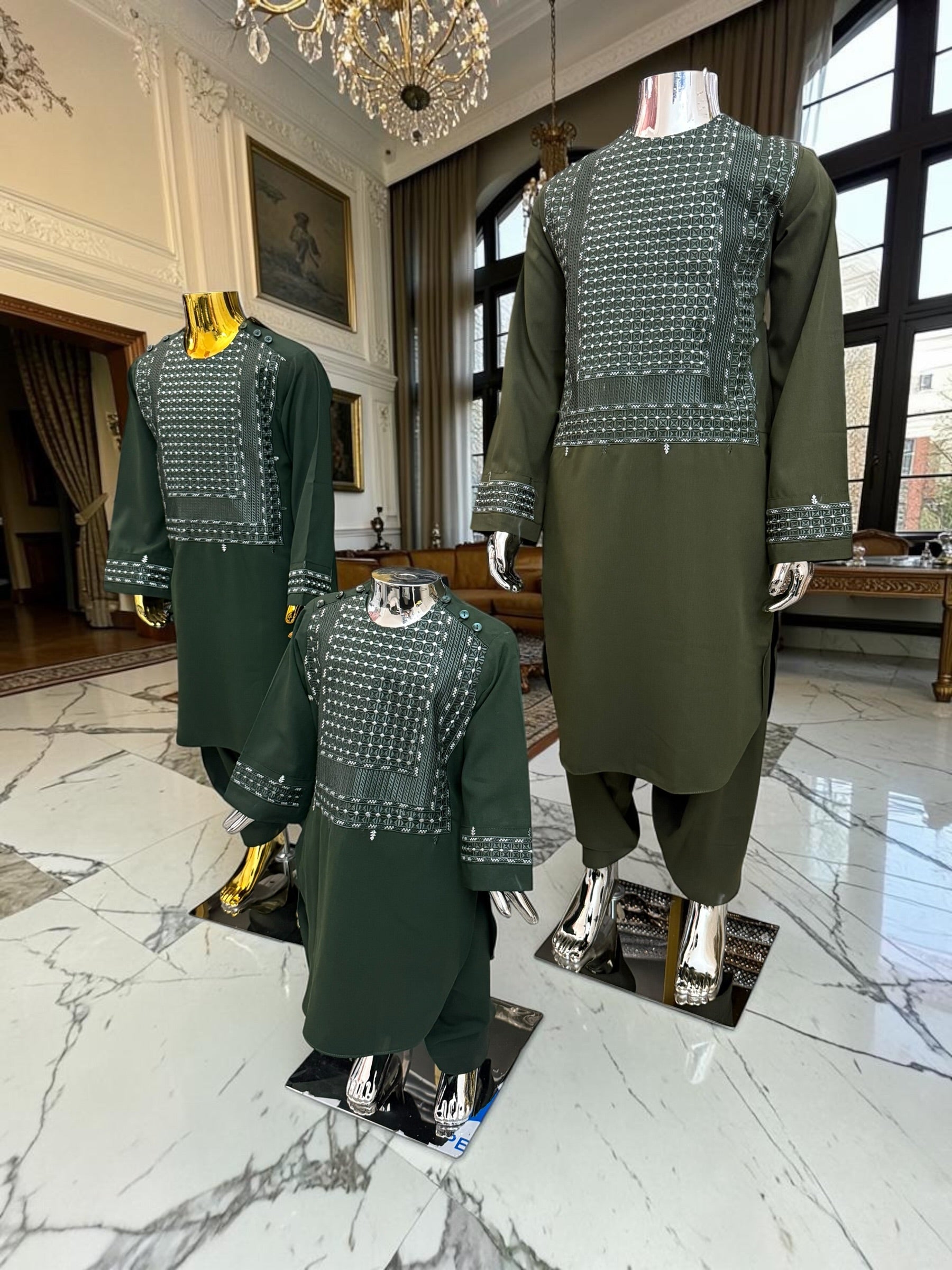 Traditional Afghan Clothing for Boys – Forest Green Embroidered Set Design 23