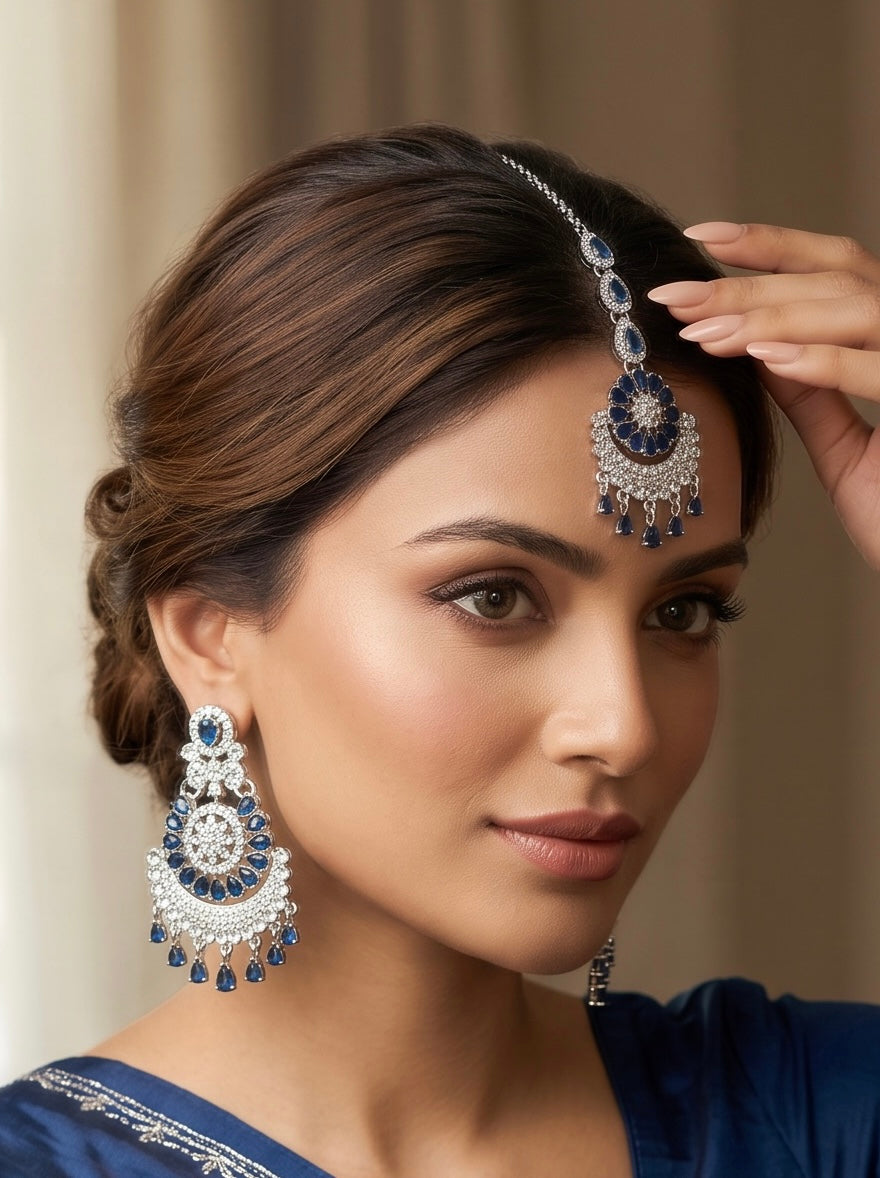 Indian Pakistani Afghan American Diamond Earrings with Maang Tikka Set | Bridal Chandbali Earrings | Wedding Jewelry Gift | 6 Color Options