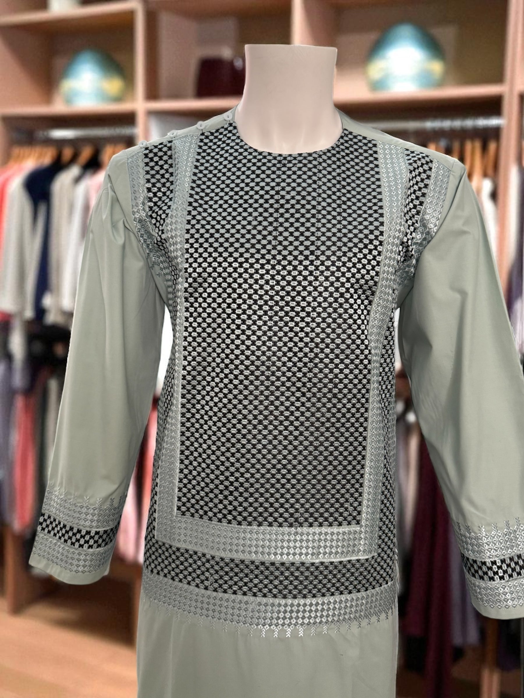 Men’s Sage Green Kameez – Sage with Black & Grey Machine Embroidery | Afghan Outfit (Medium)