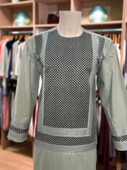 Men’s Sage Green Kameez – Sage with Black & Grey Machine Embroidery | Afghan Outfit (Medium)