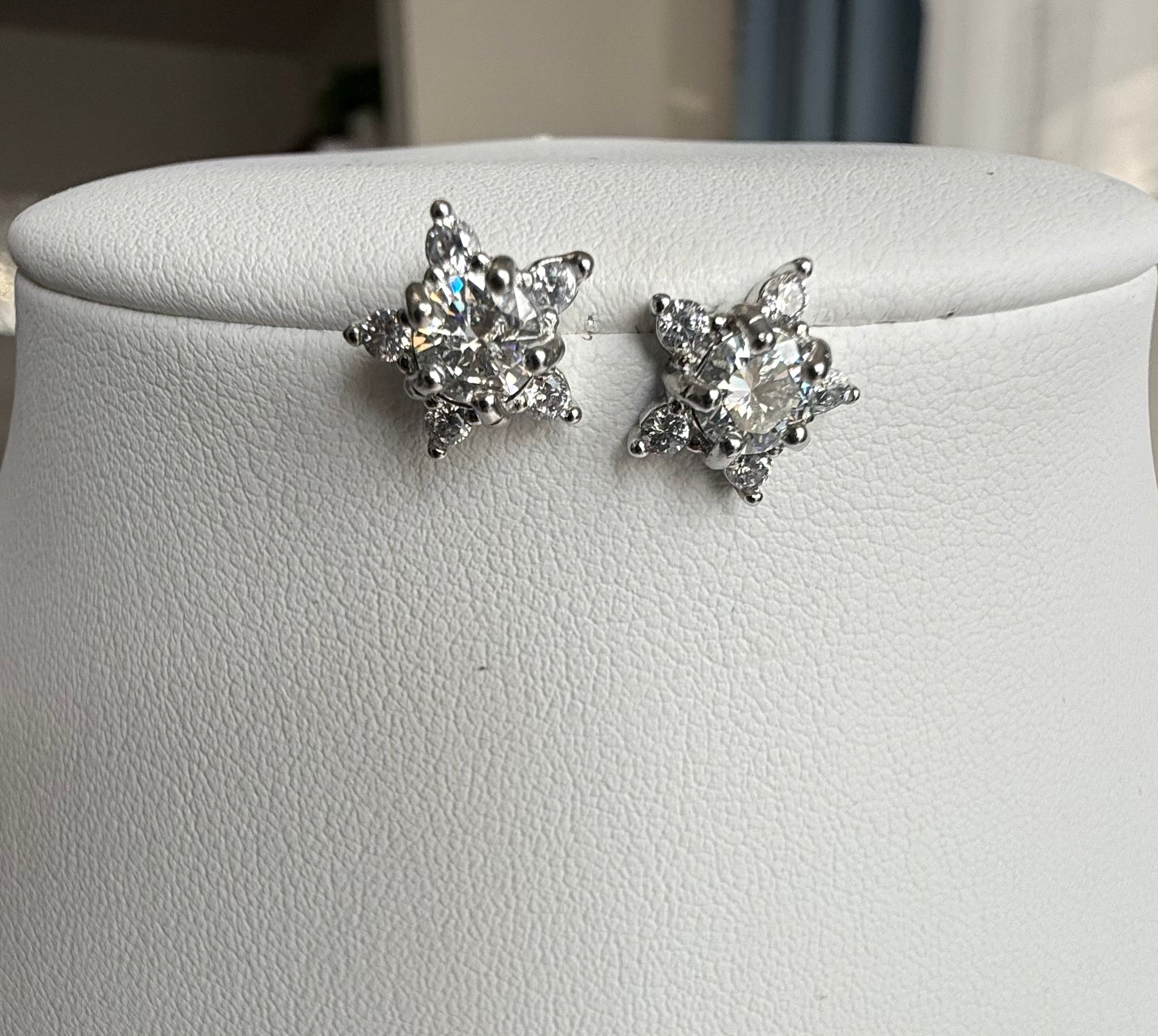 Moissanite Floral Starburst Stud Earrings – Brilliant Halo Silver Tone Earrings 7161