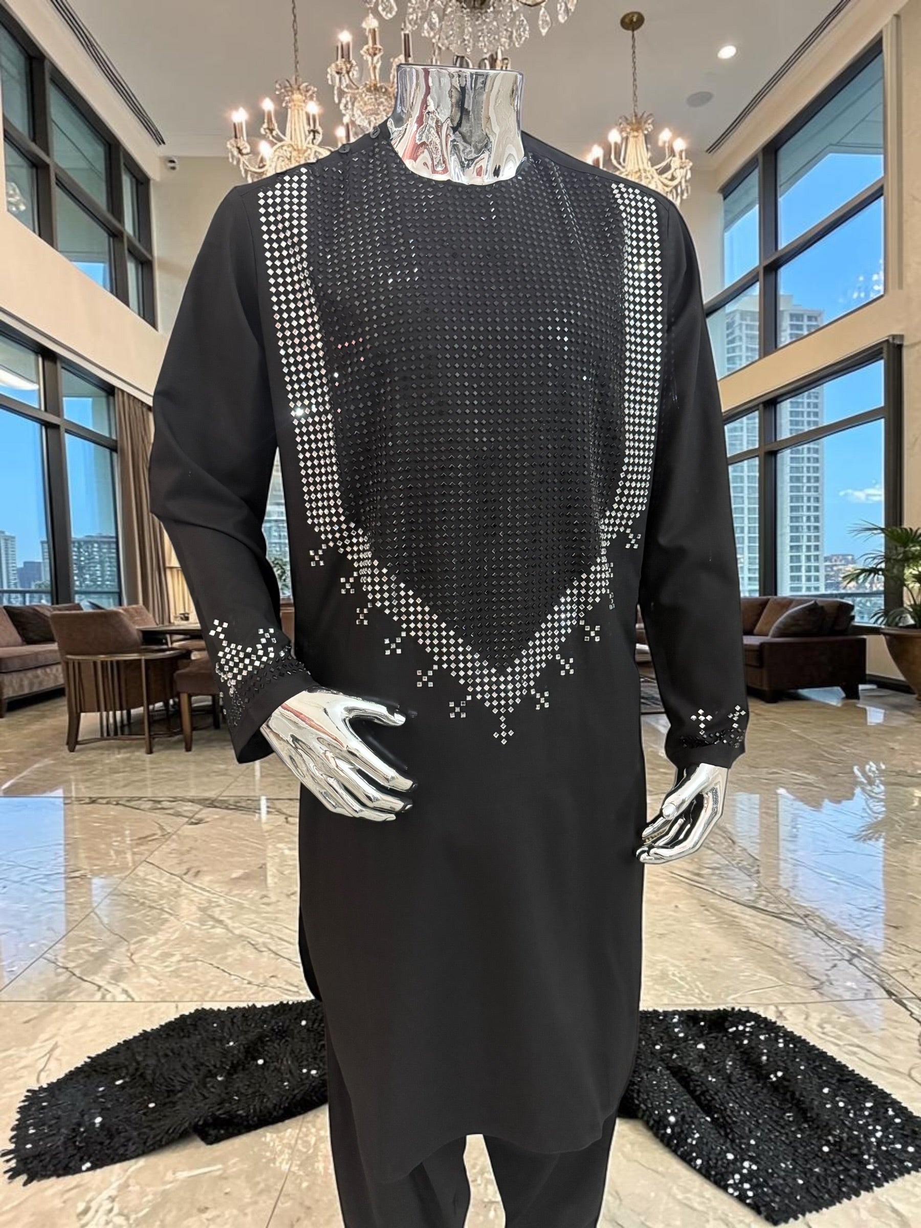 Large Afghan Parahan Tunban for Men – Black with Silver Shesha
