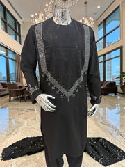 Large Afghan Parahan Tunban for Men – Black with Silver Shesha