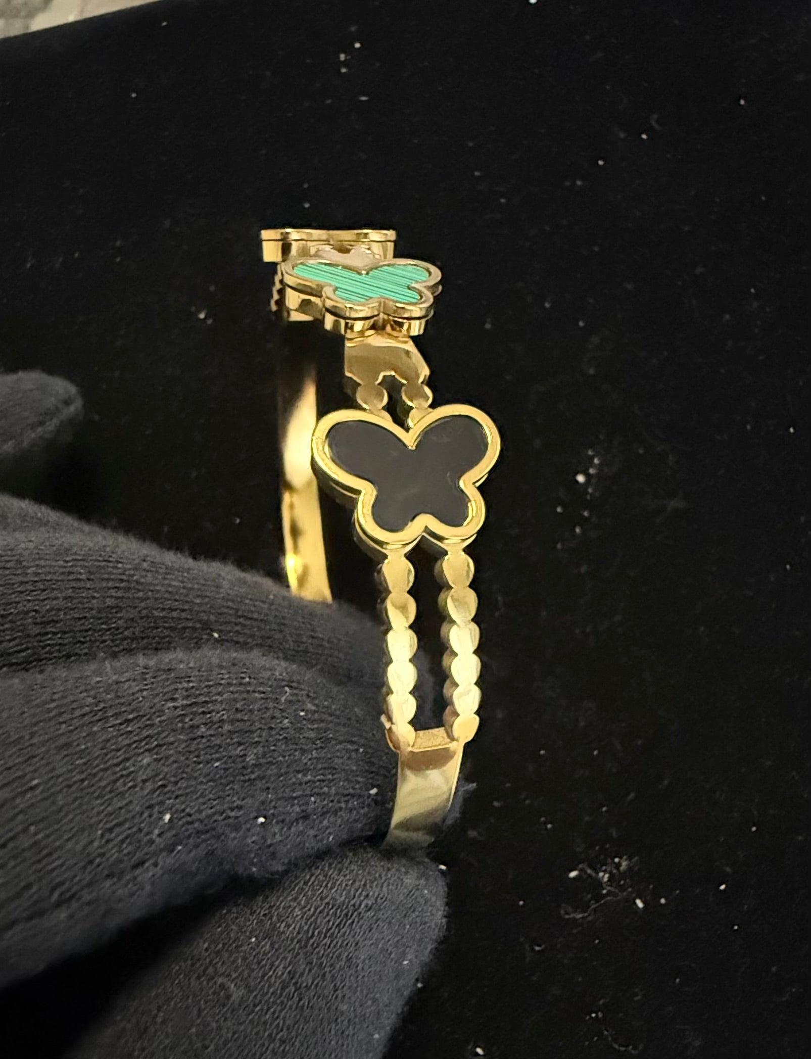 Gold Tone Stainless Steel Butterfly Bangle Bracelet in Black, Green & White 8061