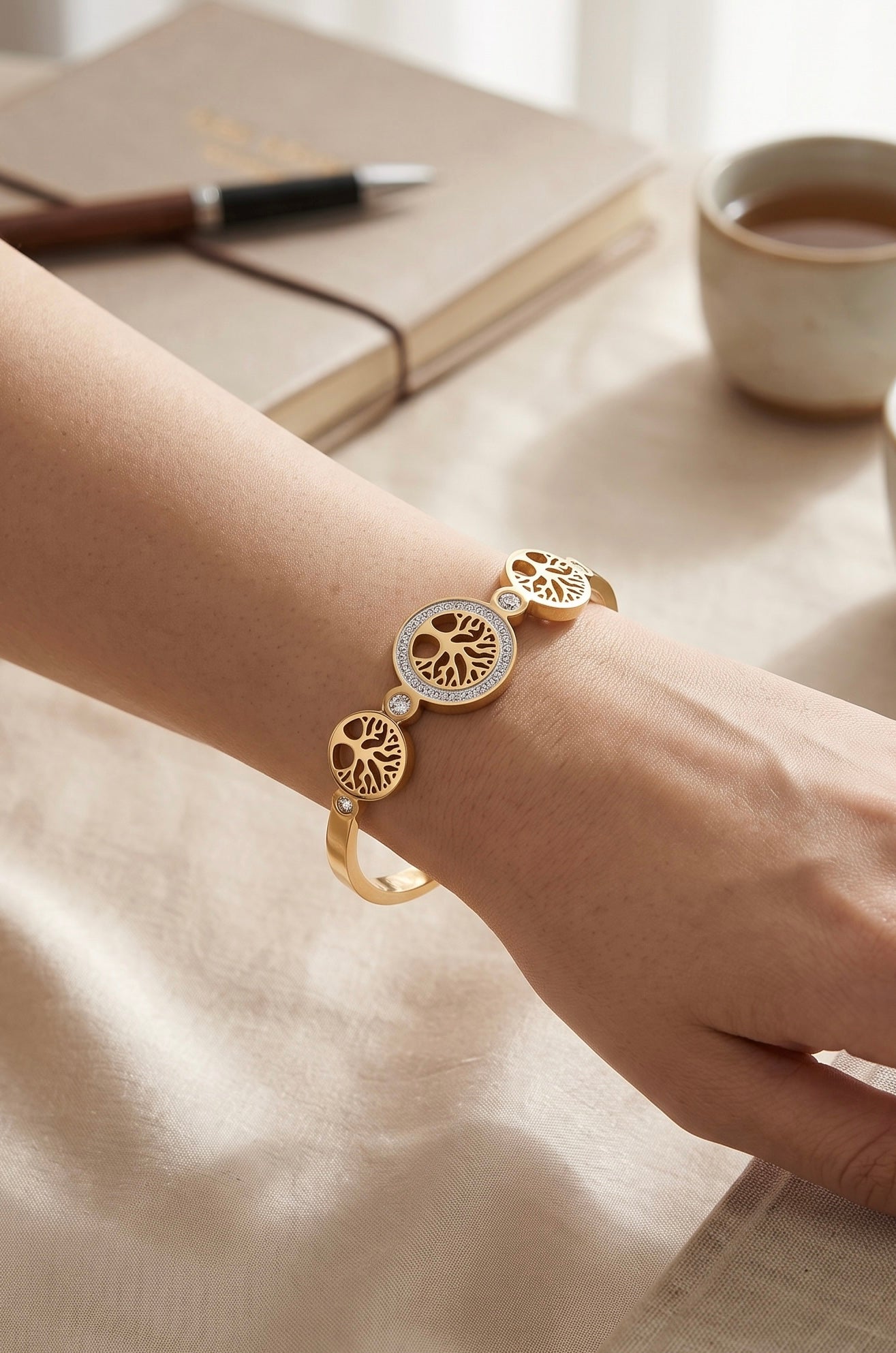 Tree of Life Crystal Bangle – Gold-Tone Stainless Steel 8025