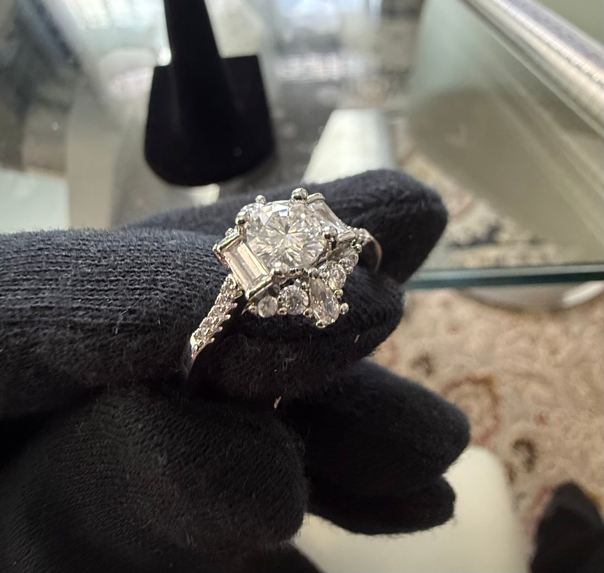 Size 9 Sterling Silver Round Cut Moissanite Halo Engagement Ring with Baguette Accents | Women’s Fine Jewelry 6001