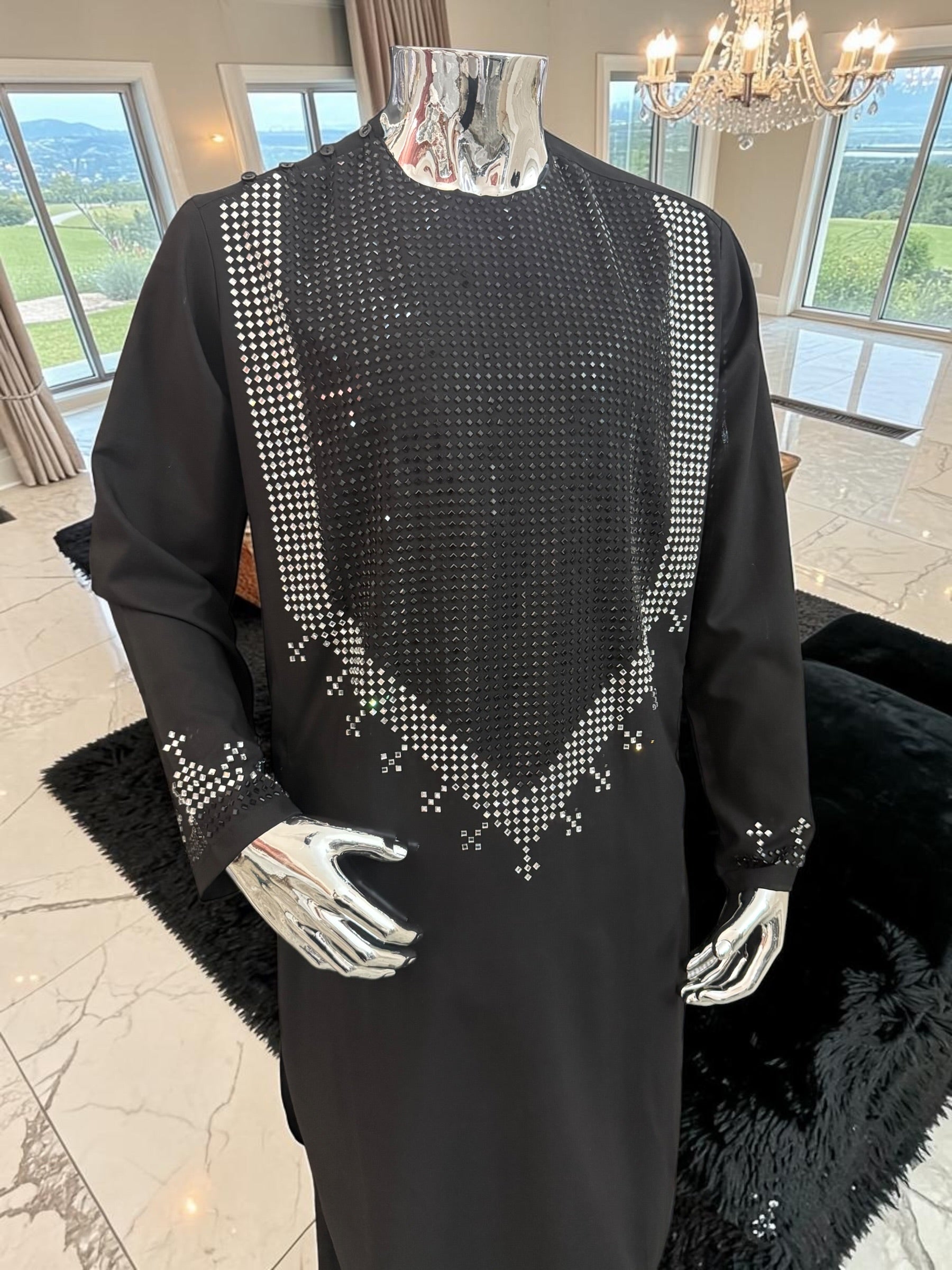 Large Afghan Parahan Tunban for Men – Black with Silver Shesha