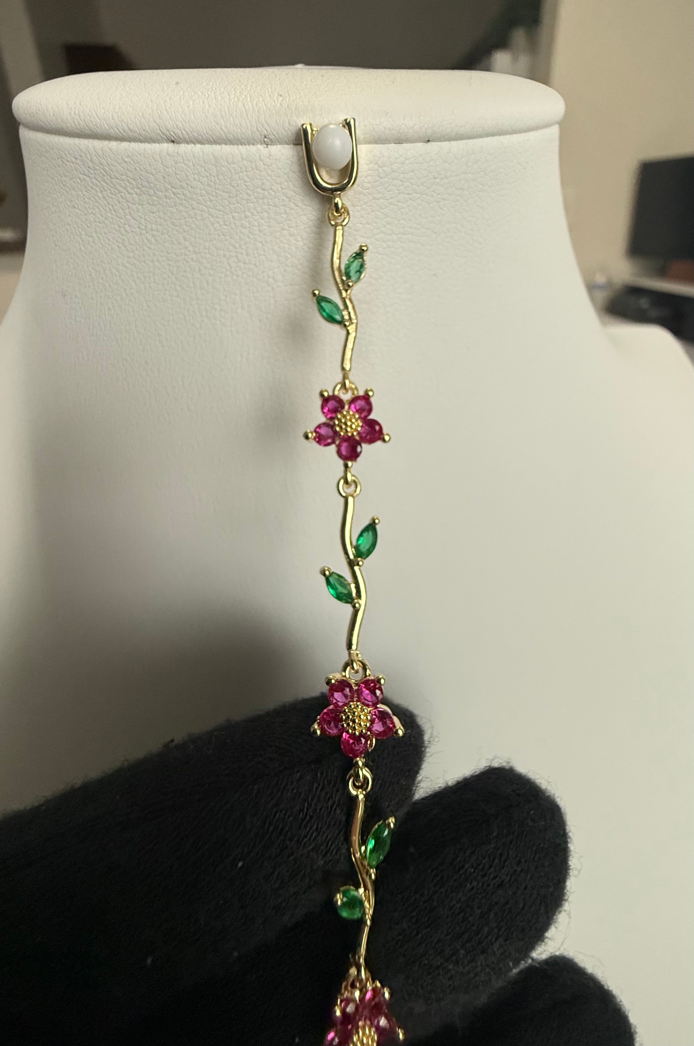 Pink & Green Floral Crystal Bracelet – Gold-Tone Vine & Flower Bracelet for Women 7121