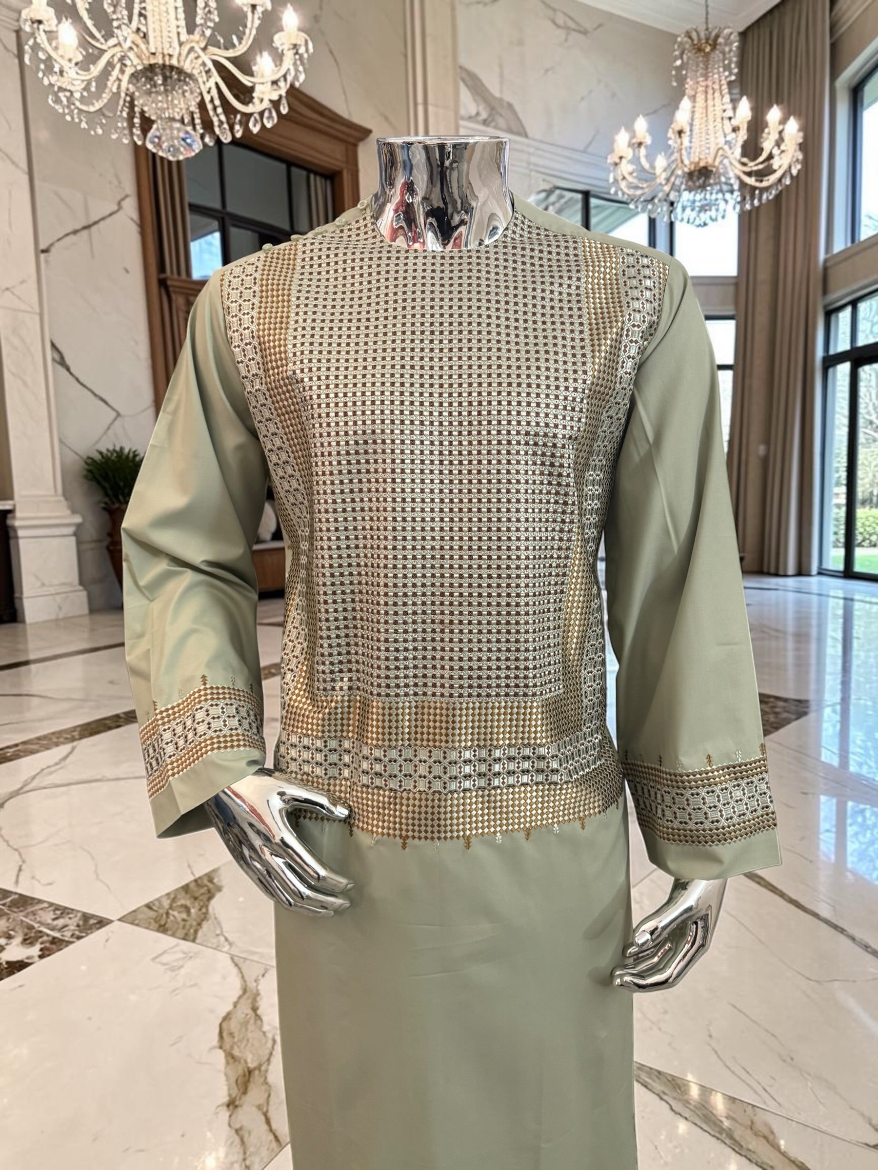 Large Sage Green Afghan Parahan Tunban with Gold and Brown Embroidery | Traditional Men’s Afghan Outfit