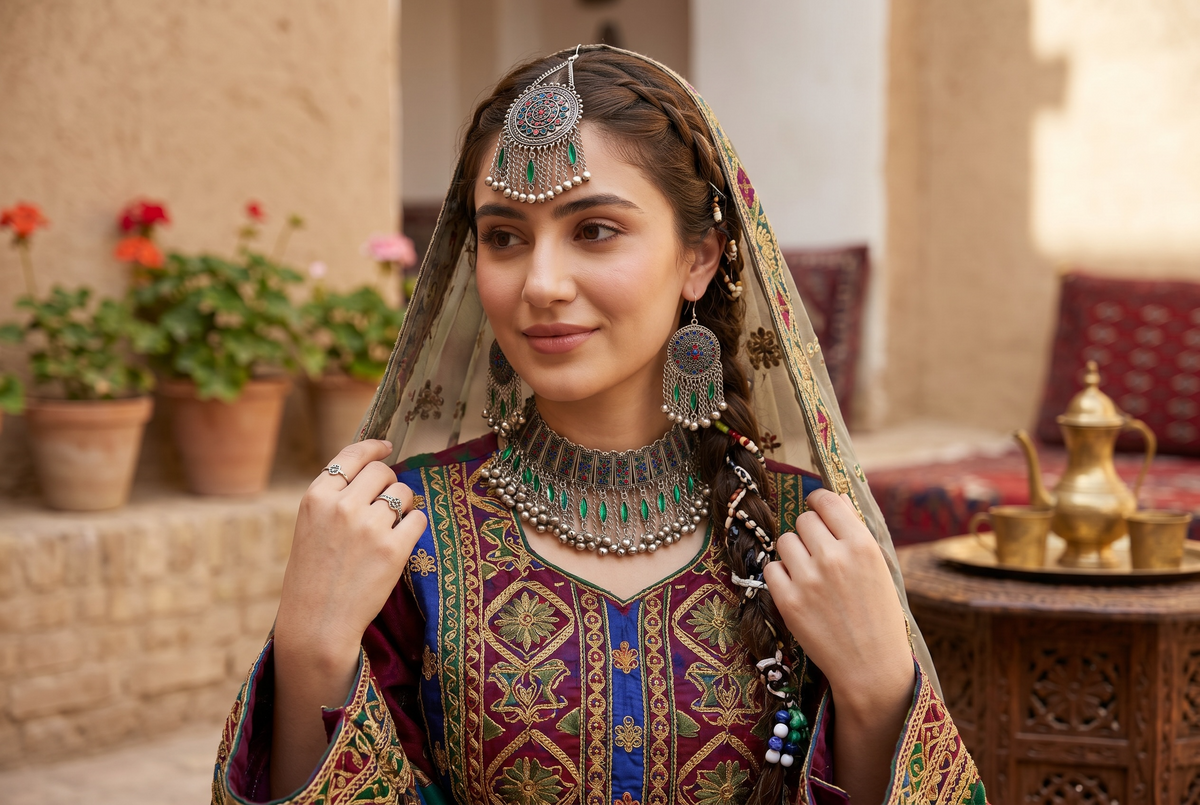 Traditional Afghan Jewelry Set for Women – 4-Piece Vintage Boho Necklace, Earrings & Maang Tikka | Tribal Kuchi Style Statement Jewelry 011 small defect