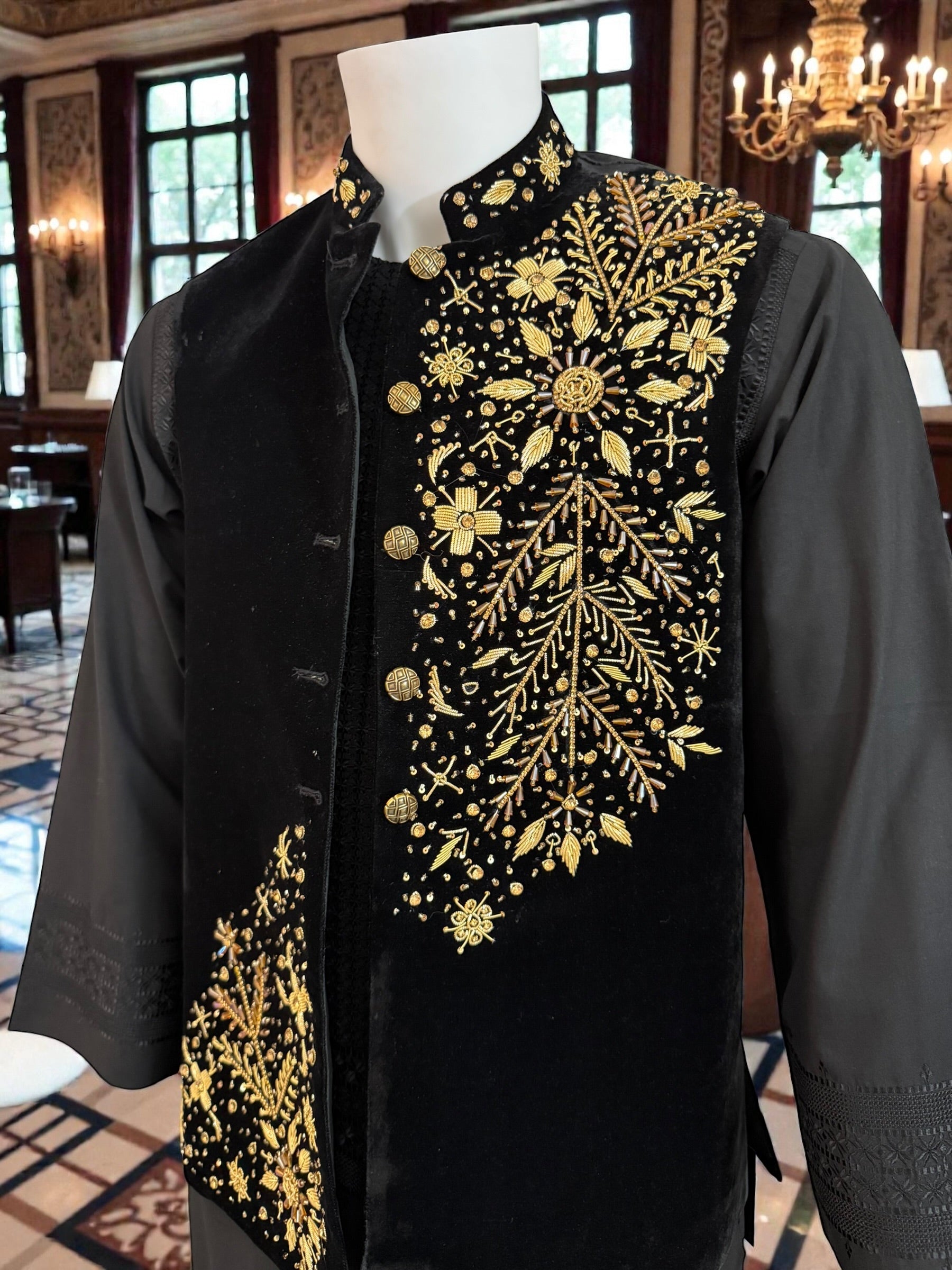 Medium Black Velvet Waistcoat – Heavy Handmade Gold Zari & Dabka Embroidery | Luxury Wedding Vestcoat Medium