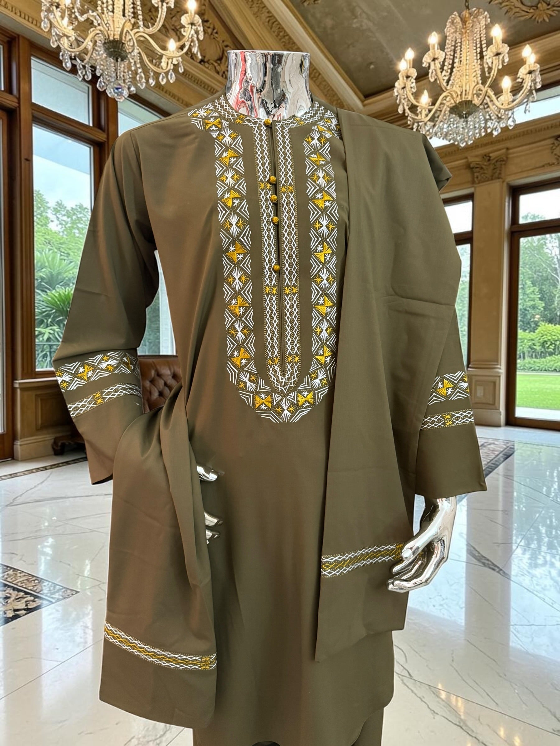 Men’s Olive Green Embroidered Afghan Perahan Tunban Set | S–XL
