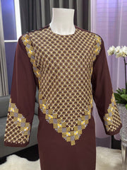 Men’s Maroon Kameez – Maroon with Gold Geometric Machine Embroidery | XL Afghan Traditional Wear