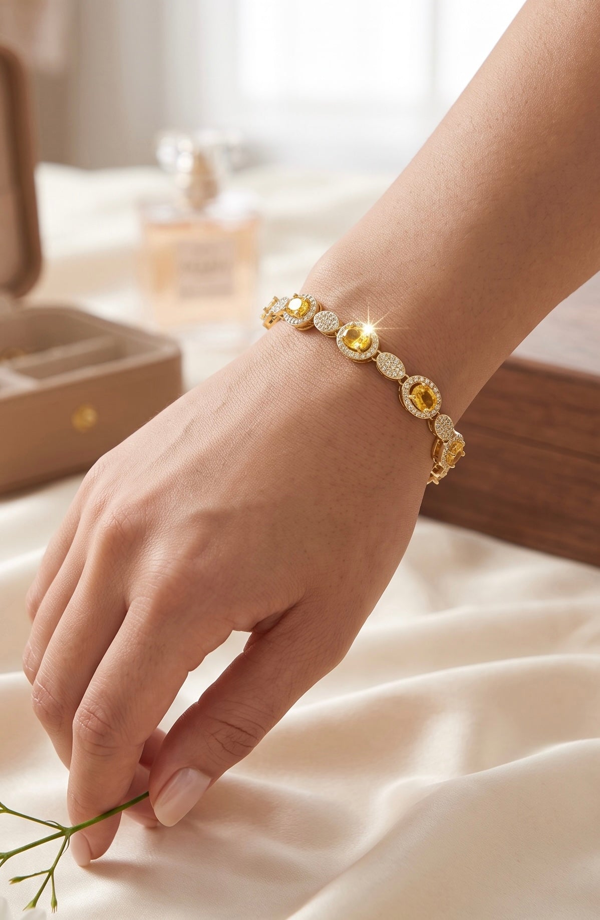 Golden Yellow Oval Crystal Halo Tennis Bracelet for Women – Gold Tone with Jewelry Gift Box 7071