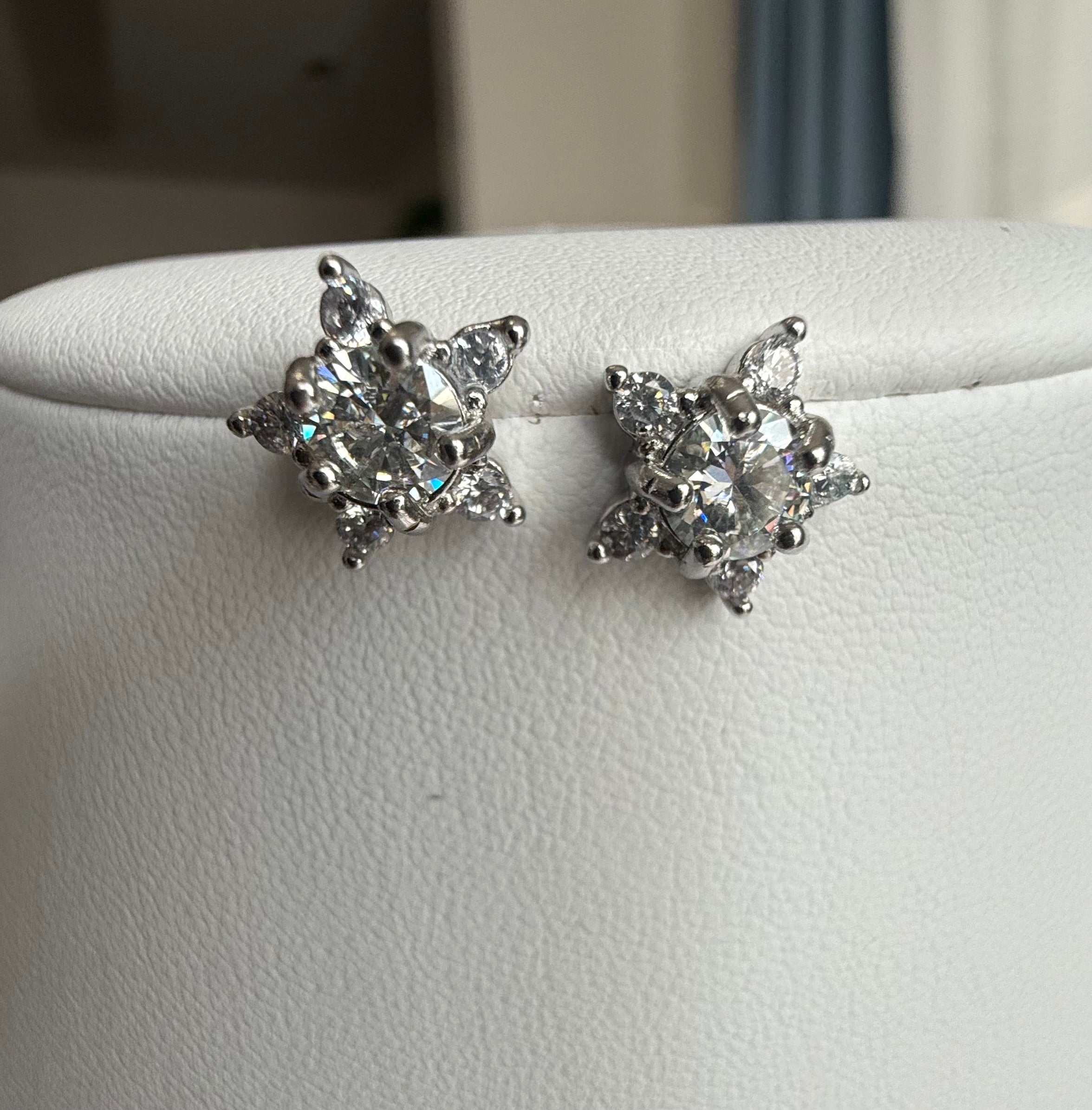 Moissanite Floral Starburst Stud Earrings – Brilliant Halo Silver Tone Earrings 7161