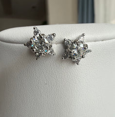 Moissanite Floral Starburst Stud Earrings – Brilliant Halo Silver Tone Earrings 7161
