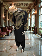 Small Black Afghan Kameez with Gold & Black Embroidery | Premium Traditional Men’s Outfit