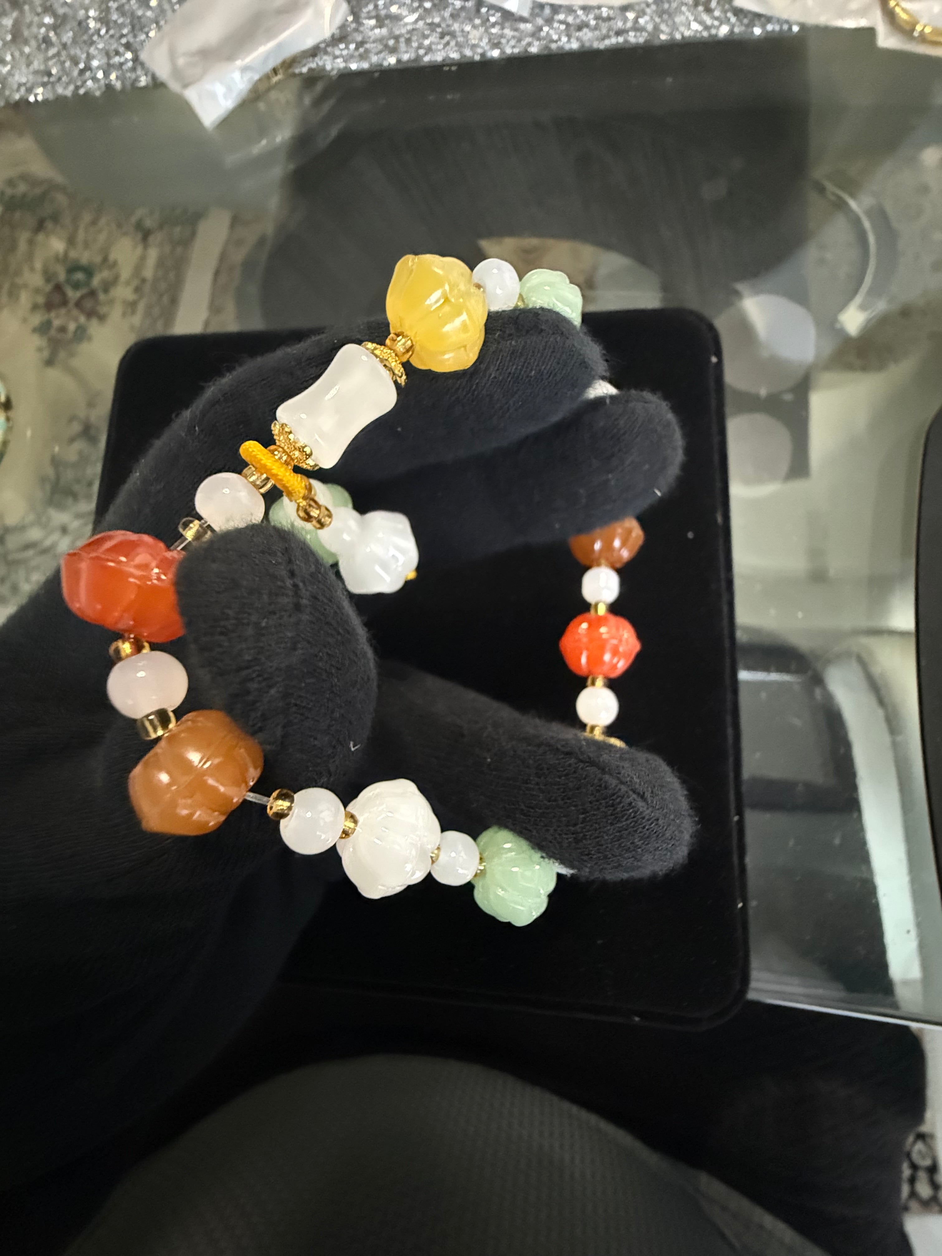 Multicolor Carved Floral Bead Bracelet with Charms for Women