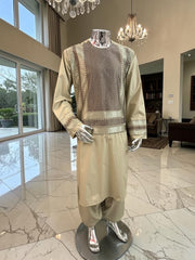 X-Large Men’s Light Khaki Afghan Parahan Tunban Set with Premium Machine Embroidery