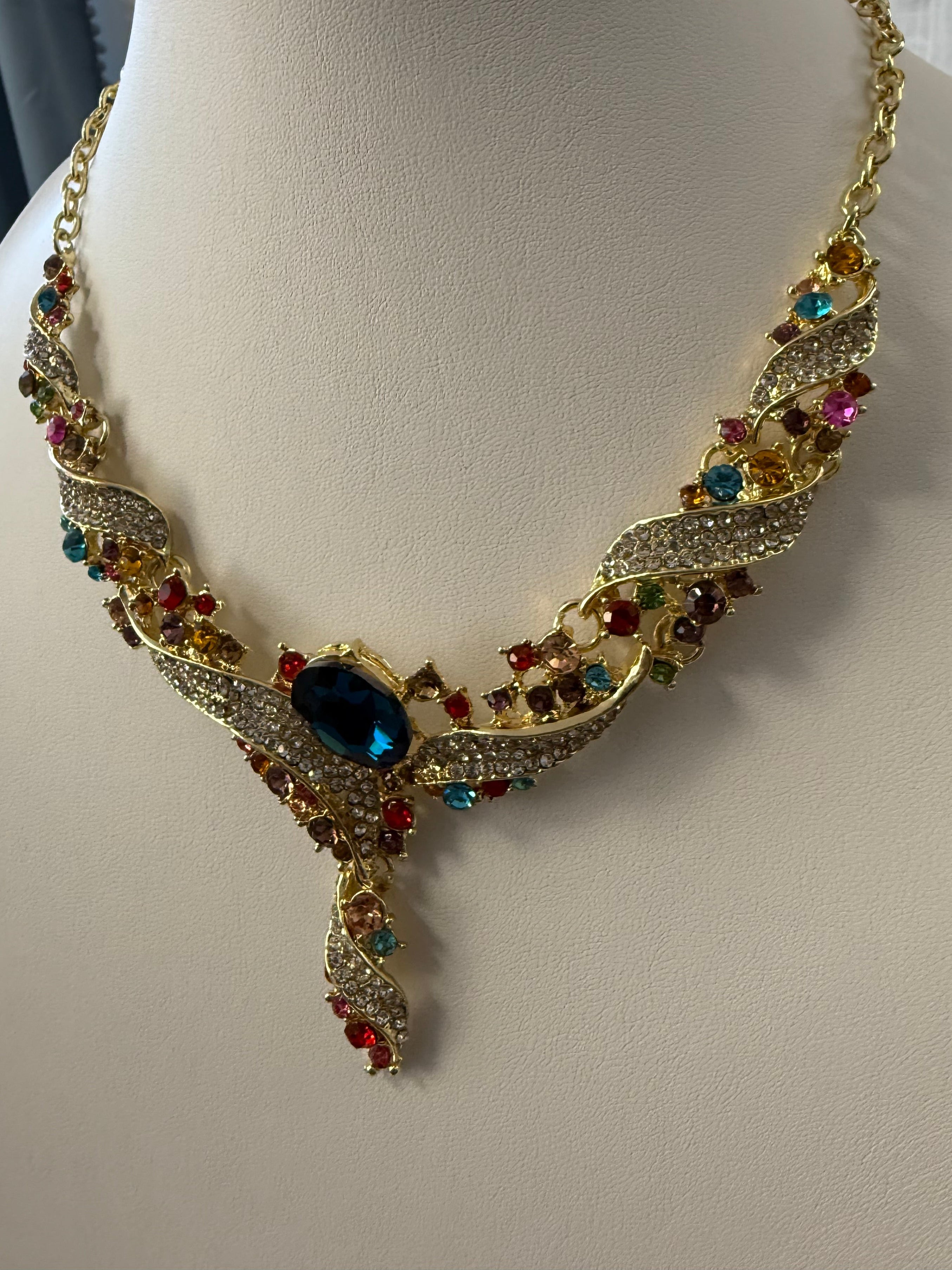 Multicolor Crystal Gold-Tone Necklace & Earrings Set.  069